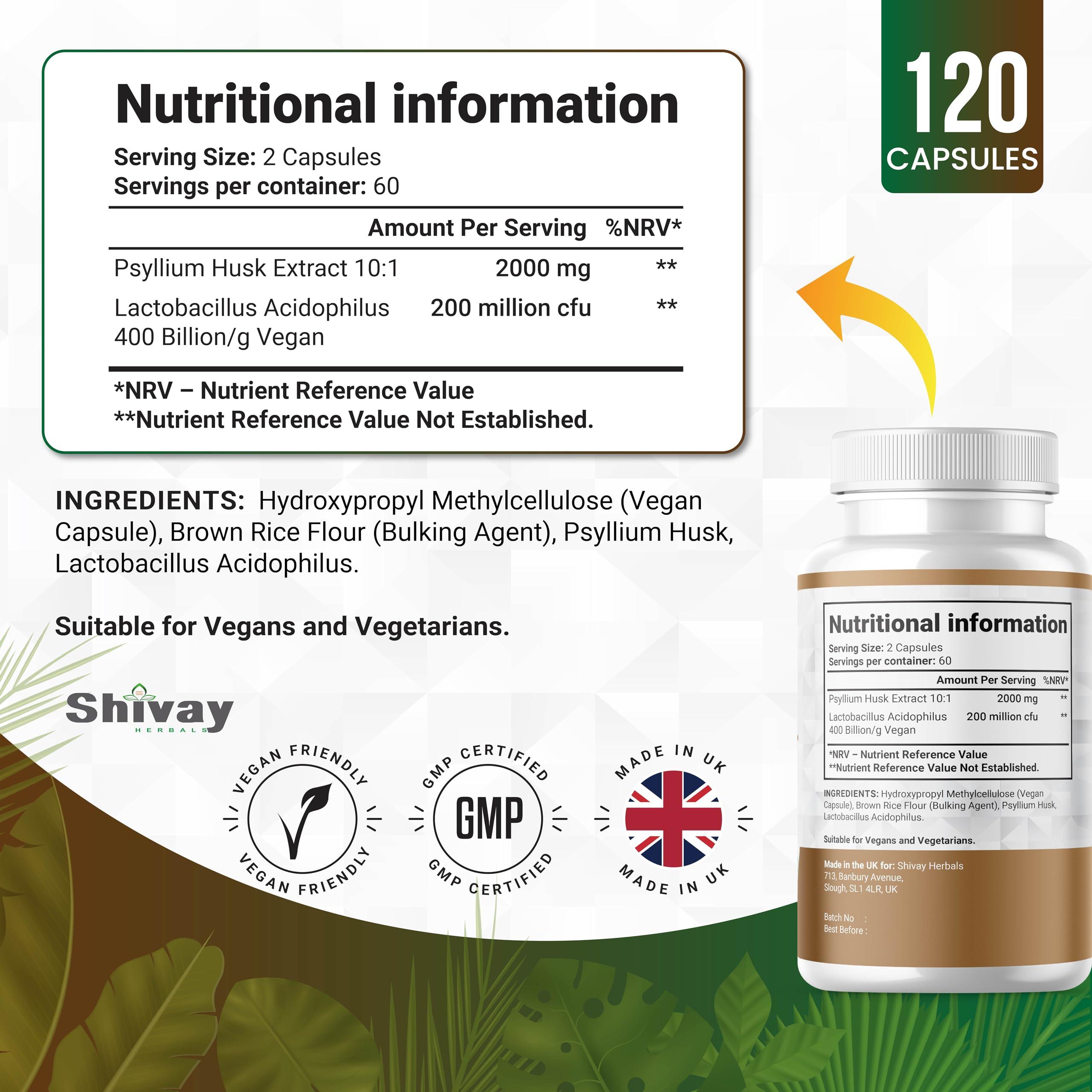 Shivay Herbals Psyllium Husk 2000mg + 200 Mcfu Lactobacillus Acidophilus Per Serving | Probiotics & Natural Soluble Fiber Supplement | 120 Vegan Capsules - 2 Month Supply | Made in The UK by Shivay Herbals