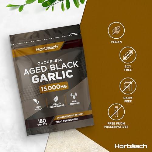 Horbach Black Garlic Tablets 15000mg | 180 Count | High Strength Odourless Concentrated Garlic Extract | Aged Black Garlic Vegan Supplement | by Horbaach