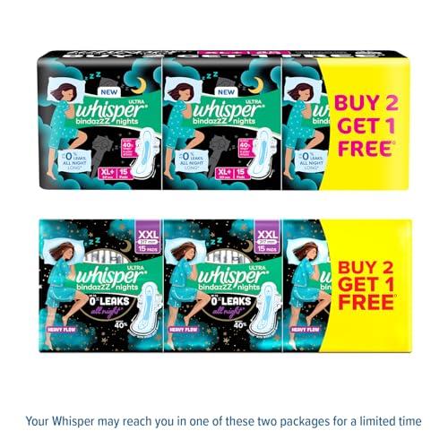 Whisper WHISPER BINDAZZZ NIGHTS SANITARY PADS, 45 XL+ PADS, UPTO 0% LEAKS ALL NIGHT LONG, FOR HEAVY FLOW, 40% LONGER & WIDER BACK, COMFORTABLE CUSHIONY SOFT WINGS, DISPOSABLE WRAPPER