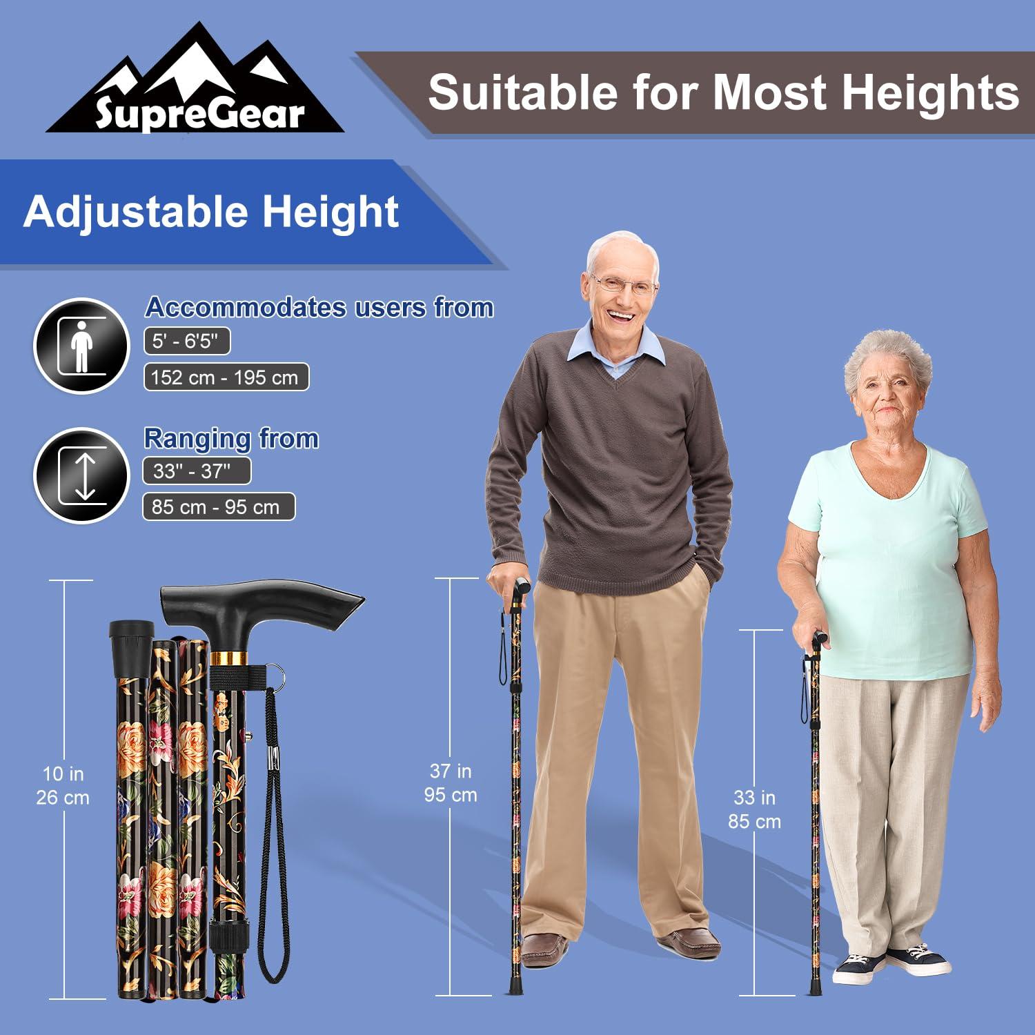 supregear supregear Walking Stick - Adjustable Folding Walking Sticks for Women and Men - Lightweight Portable Collapsible Balancing Aid - Travel Cane for Ladies Elderly Adults, Black Floral