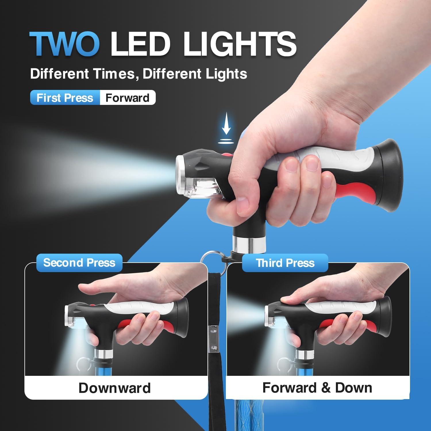 BeneCane BeneCane Walking Cane for Women Folding Cane for Men with Two Led Lights Quad Cane with Stable Base Lightweight and Adjustable Walking Stick (Blue)