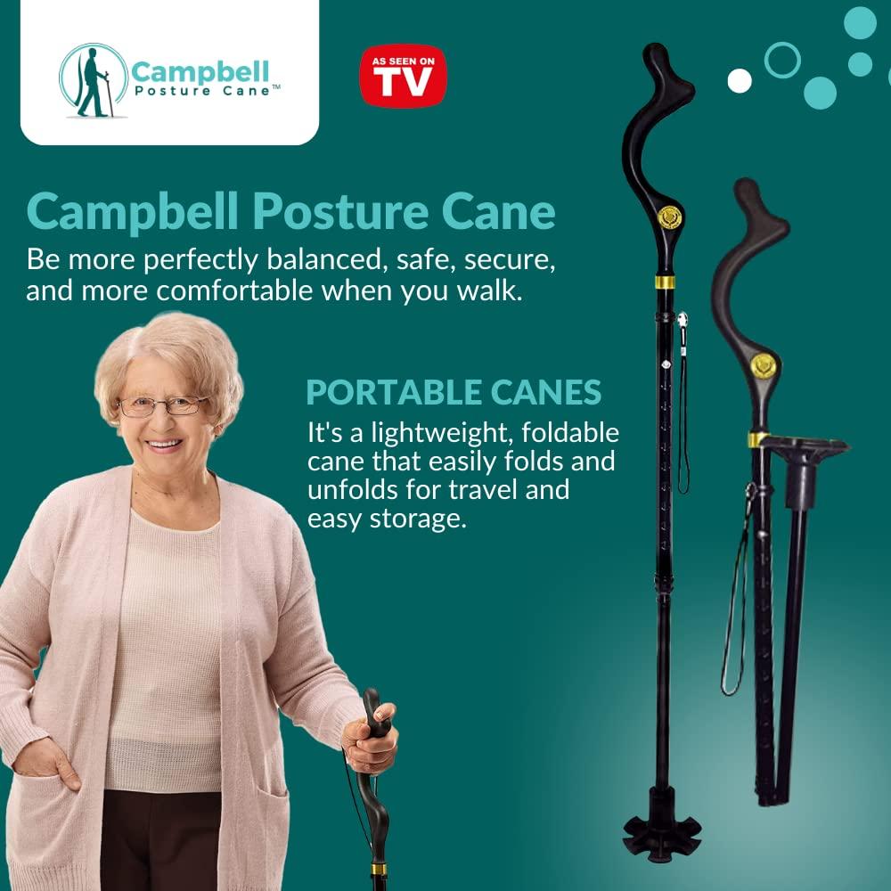 Posture Cane Campbell Posture Cane | Walking Cane for Men Women | Mobility Device Portable Lightweight Adjustable Self-Standing Folding Collapsible Hand Walking Stick 10 Height Adjustment 360 Traction Tip