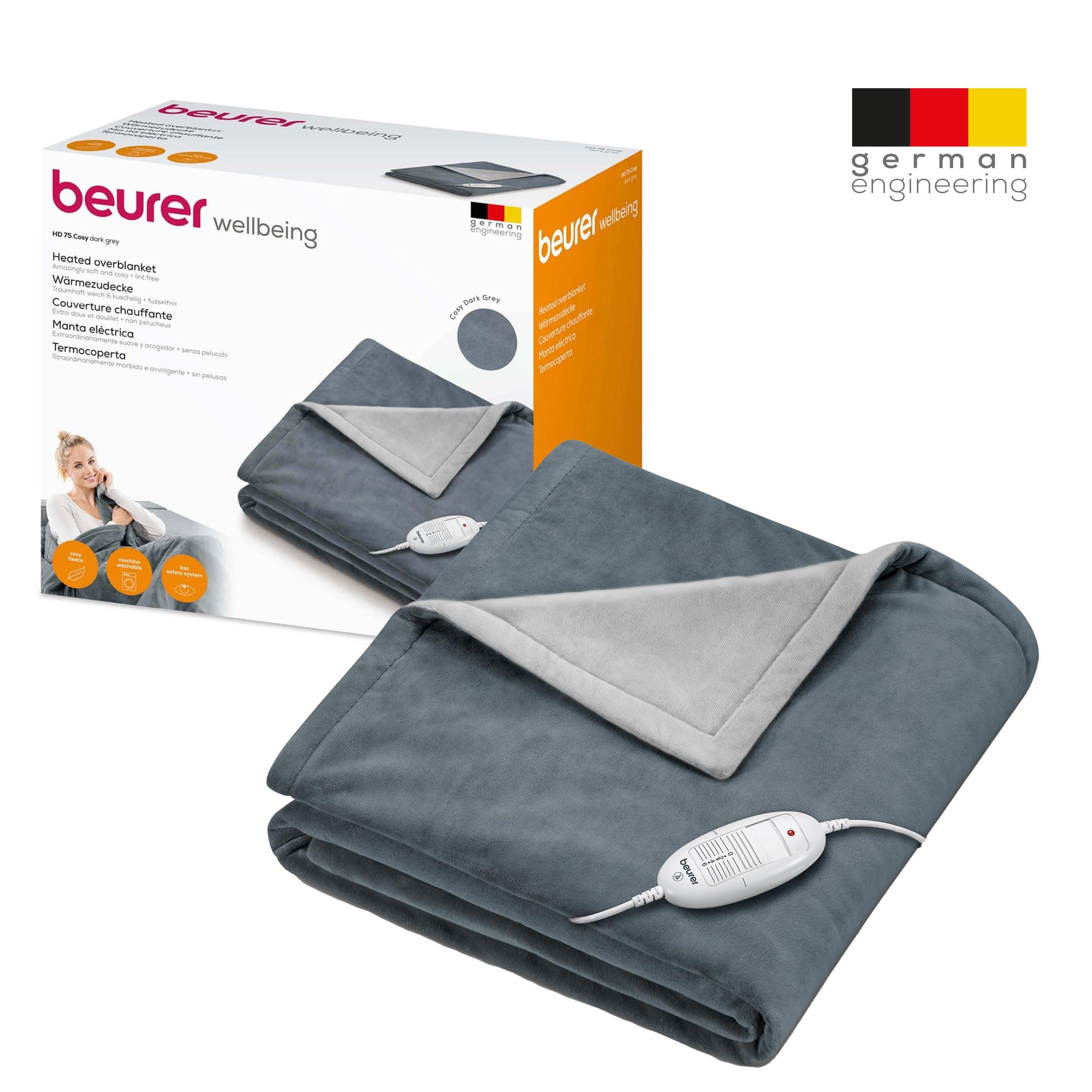 Beurer Beurer HD75 Electric Blanket with 6 Temperature Settings, Soft Heated Throw for Cosy Sofa Nights, Automatic Switch-Off & Safety System, Machine-Washable, Grey, 180 x 130 cm, 100 watts