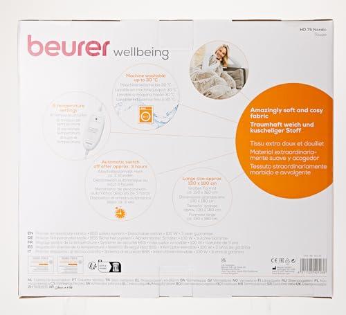 Beurer Beurer HD 75 Nordic Electric Blanket, Cuddly Heat Blanket in Fur Look, 6 Temperature Levels, Machine Washable, with Automatic Shut-Off, Beige/Brown, 180 x 130 cm