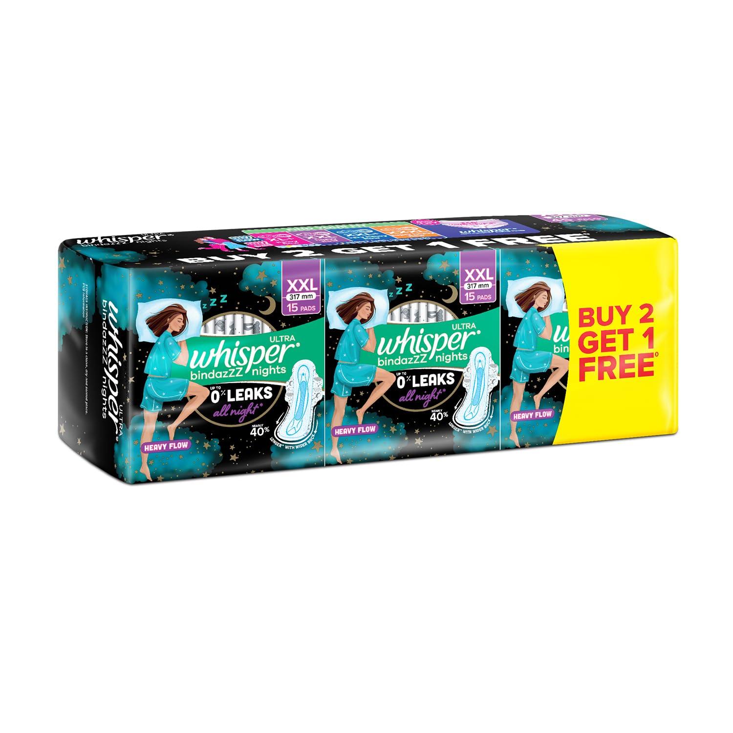 Whisper WHISPER BINDAZZZ NIGHTS SANITARY PADS, 45 XL+ PADS, UPTO 0% LEAKS ALL NIGHT LONG, FOR HEAVY FLOW, 40% LONGER & WIDER BACK, COMFORTABLE CUSHIONY SOFT WINGS, DISPOSABLE WRAPPER