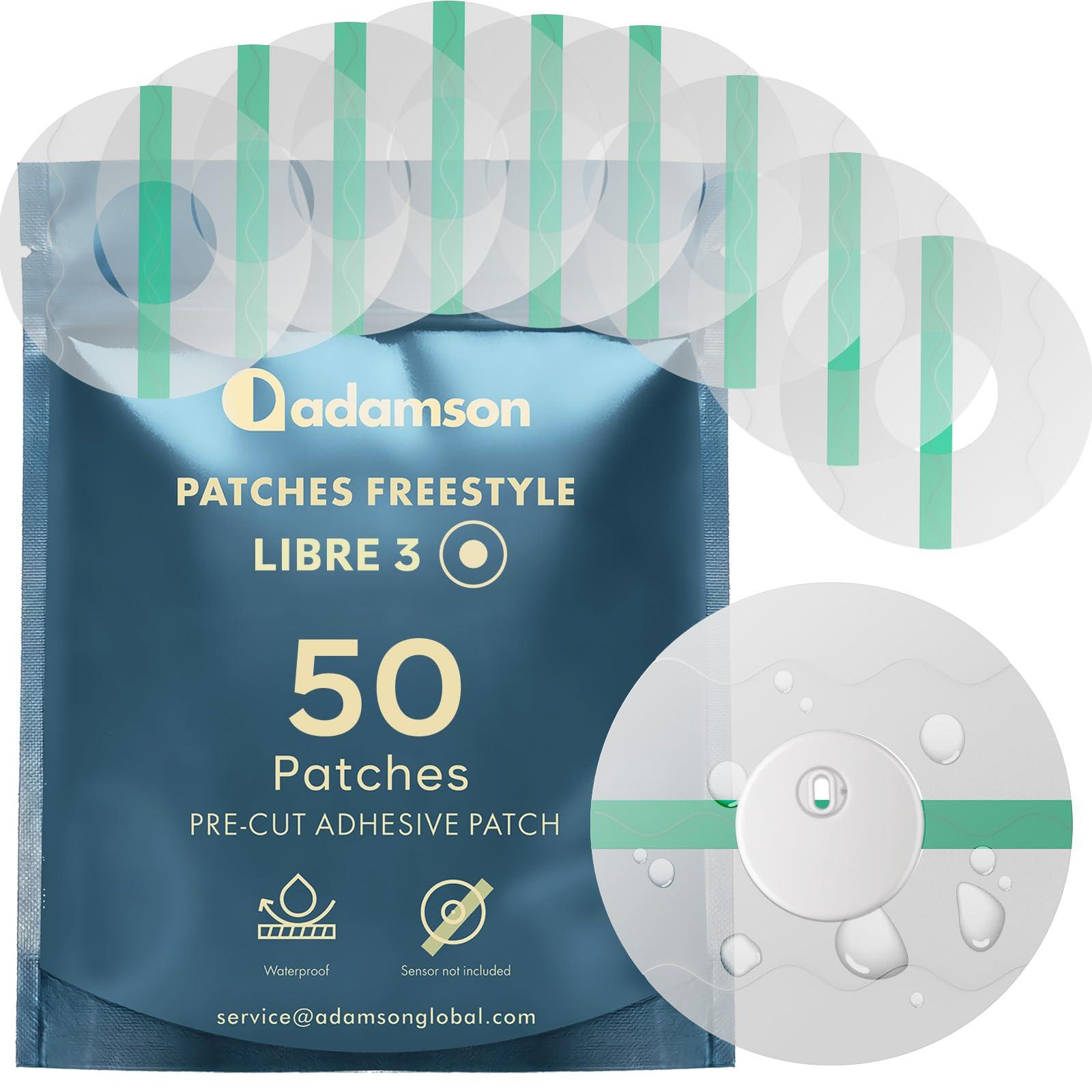 Adamson Freestyle Libre 3 Sensor Covers Waterproof 50 Libre 3 Patches, Transparent, Long-Lasting, No Glue on Center, Non-Irritating, Easy to Apply and Remove Ideal for Sports, Swimming, and Daily Use