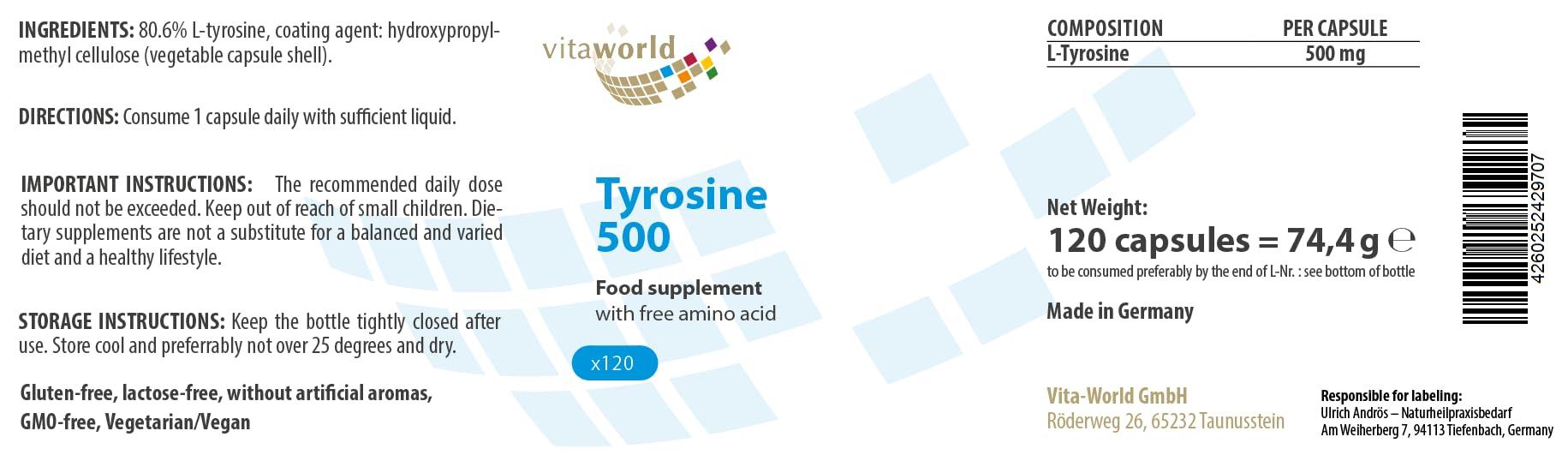 Vita World Vita World 3 Pack L-Tyrosine 500Mg 3 x 120 Vegetarian Capsules Made in Germany