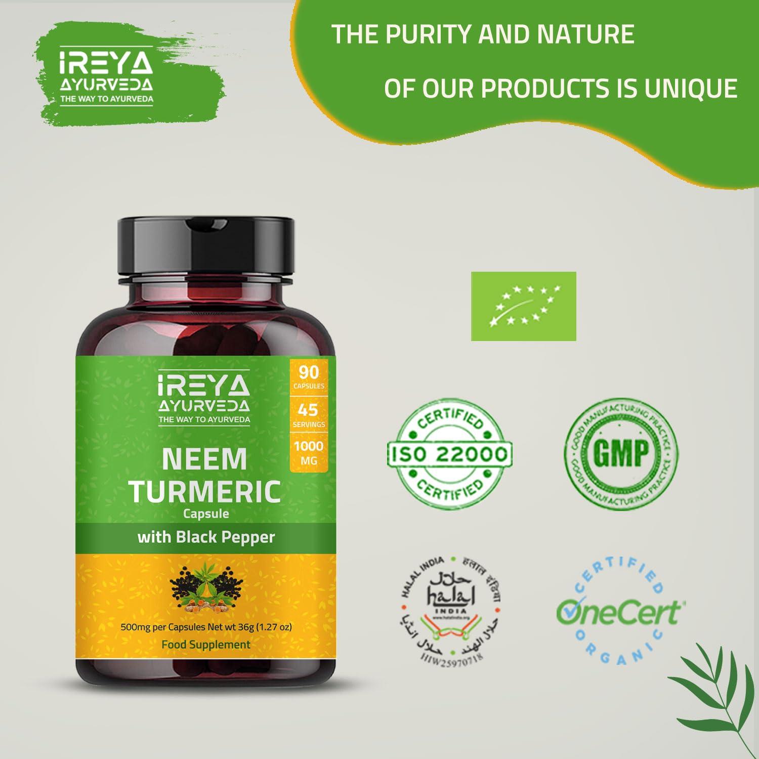 Ireya Ayurveda Neem Turmeric Capsules with Black Pepper Neem Herbal Supplement, Ayurvedic Herbal Cleanser, Detoxification, Enhances skin Health and Immunity (90 Capsules)