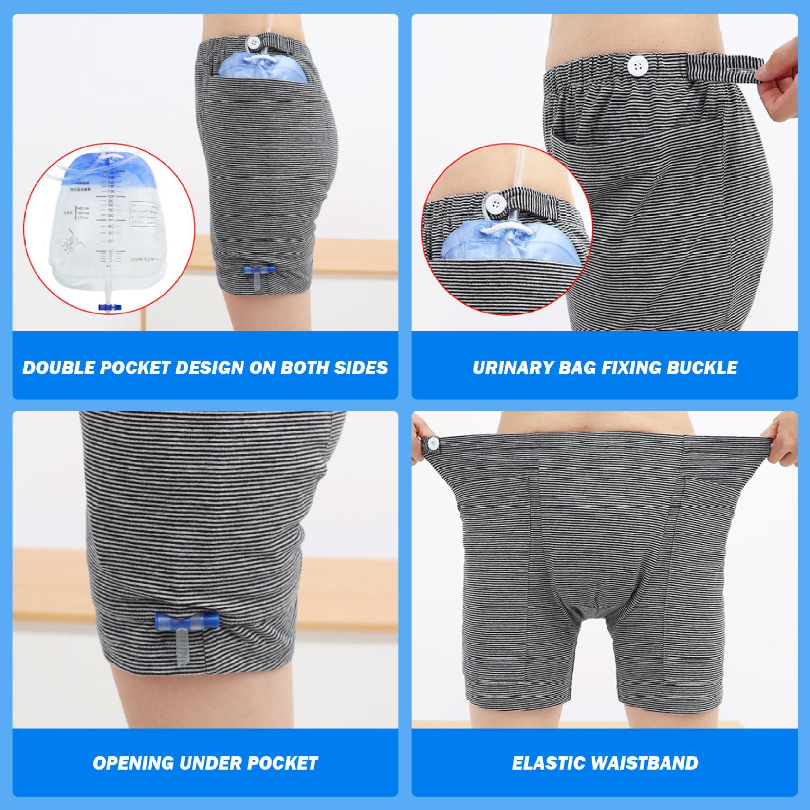Lamppdcor Nephrostomy Bag Clothing,Catheter Underwear for Men with Elastics Cotton Catheter Pants with 2 Pocket & Fixer Striped Concealed Nephrostomy Bag Clothing,No Urine Bag, M