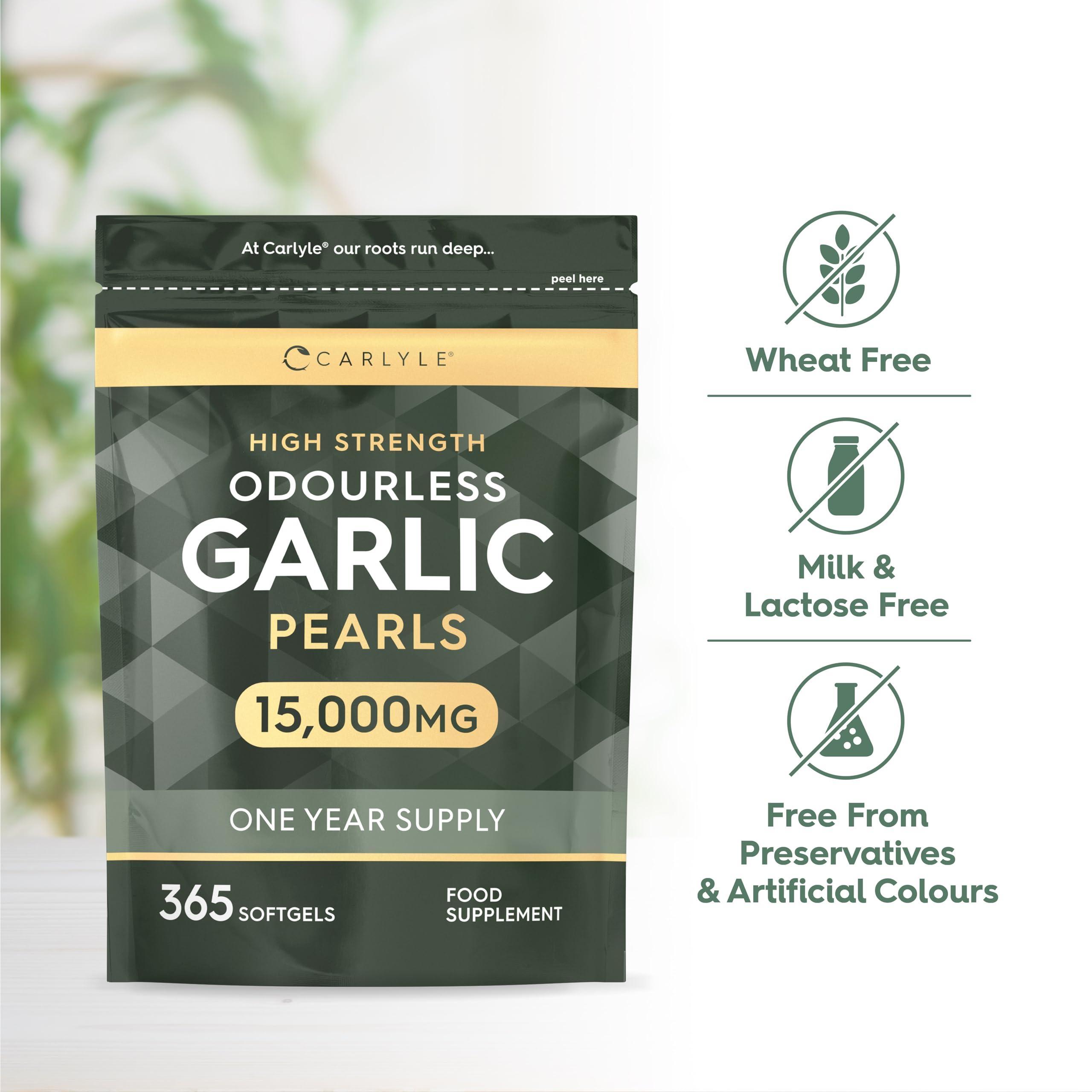 Carlyle Odourless Garlic Capsules 15,000mg | 365 Count (1 Year Supply) | High Strength Garlic Oil Pearls with Allicin | No Artificial Preservatives | by Carlyle