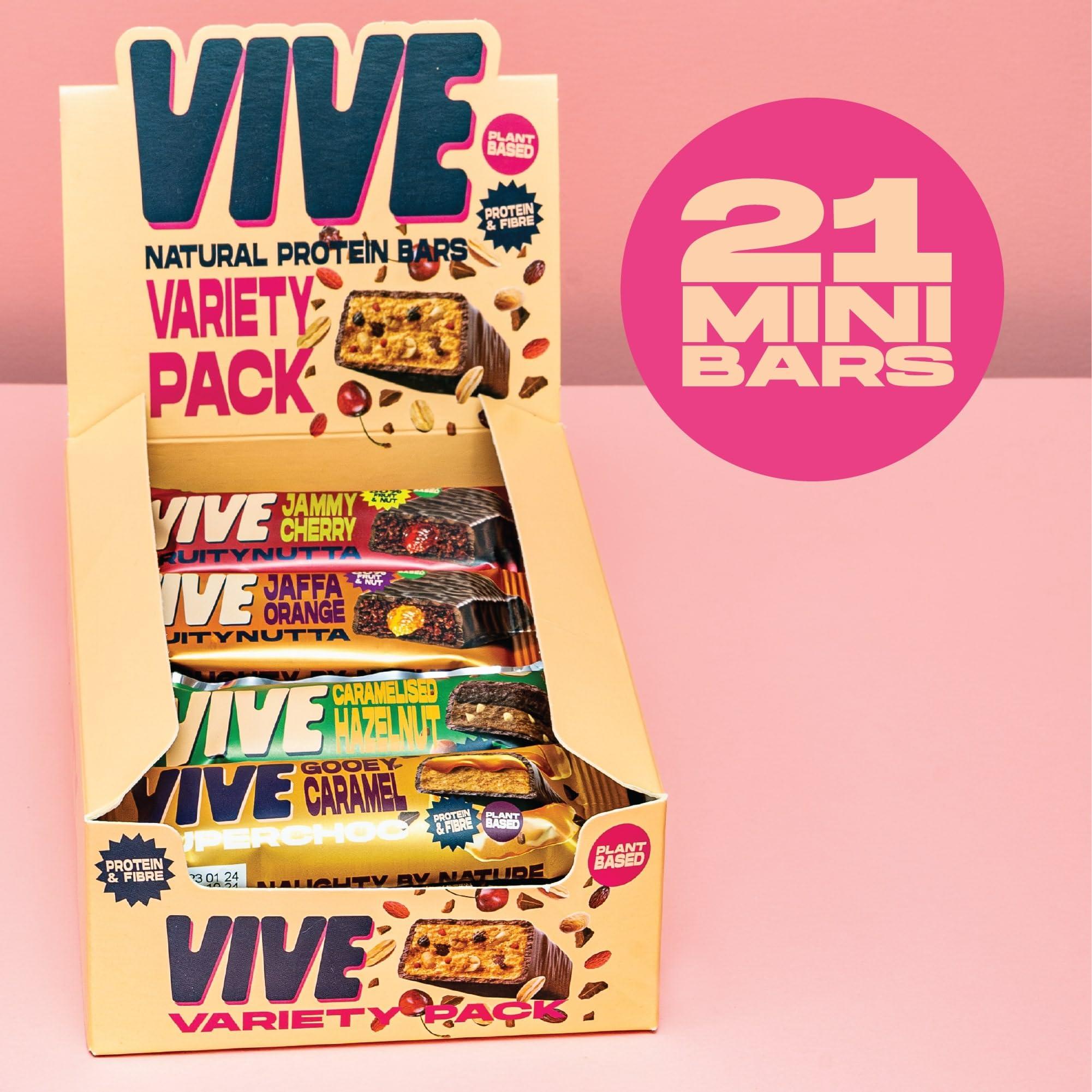 Vive Vive Dark Chocolate Coated Mixed Box Protein Bites - Gluten Free and Vegan - High Fibre Mini Protein Bars - Pack of 21