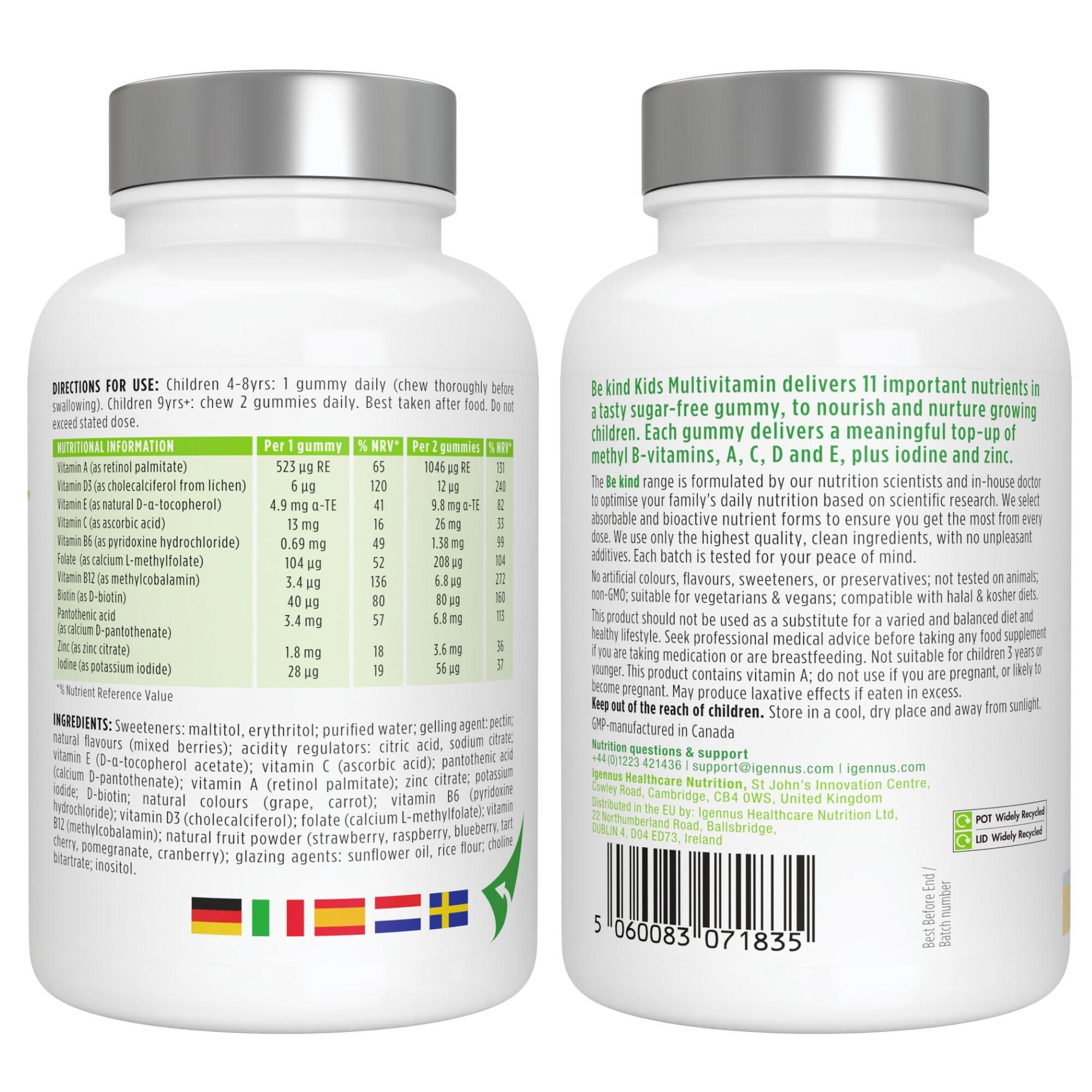 Igennus Healthcare Nutrition Igennus Methylated Kids Multivitamin Gummy, MTHFR Supplement with B-Vitamins & Vitamin D, Clean Ingredients, Age 4+, Sugar Free Berry Flavour, 90 Vegan Gummies