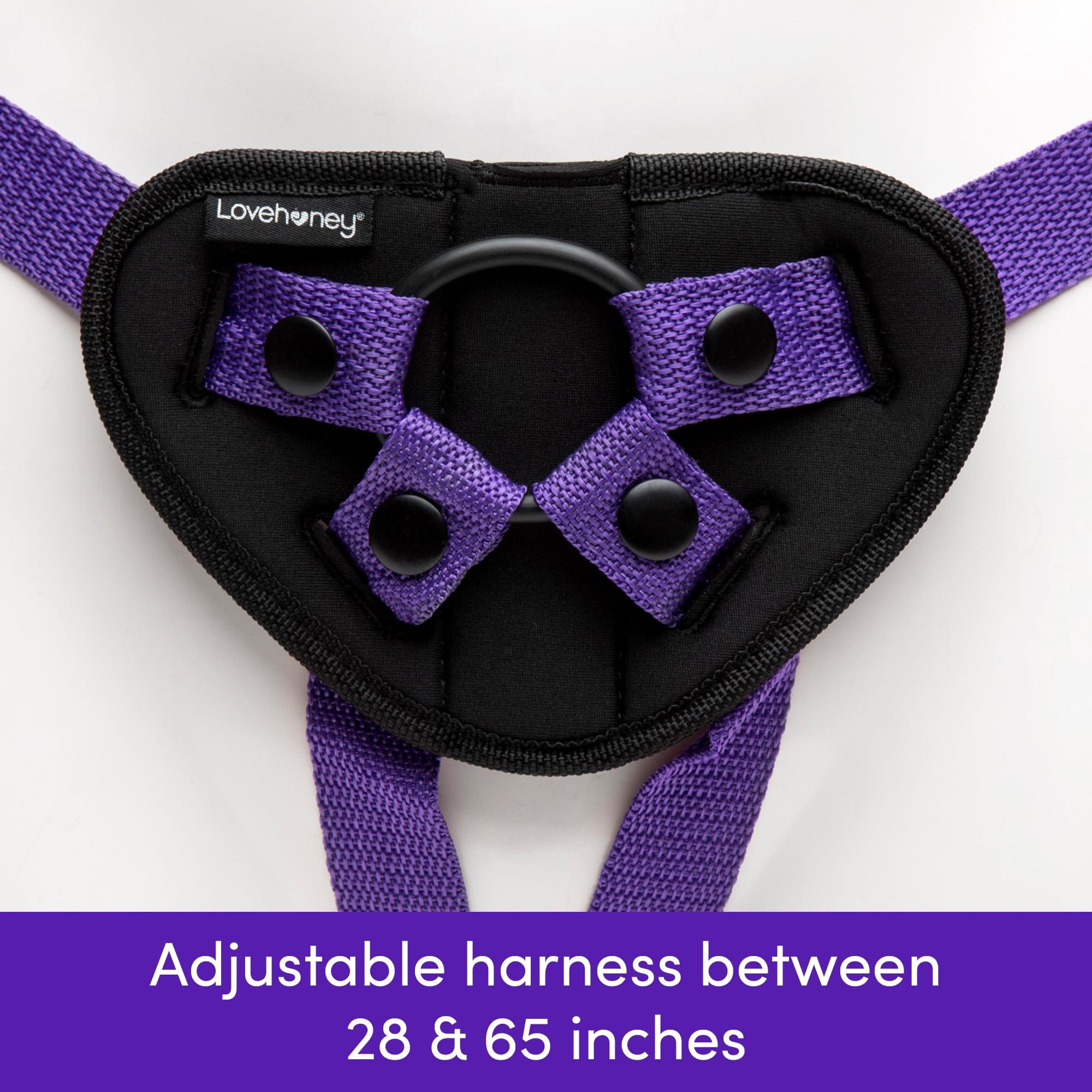 Lovehoney Lovehoney Triple Strap On Harness Kit - 3 Clear Strap On Dildos for Couples - 2 x 6 Inch & 1 x 8 Inch Slimline Dildos with Suction Cups - Includes 3 O-Rings - Adjustable Harness - Purple/Black