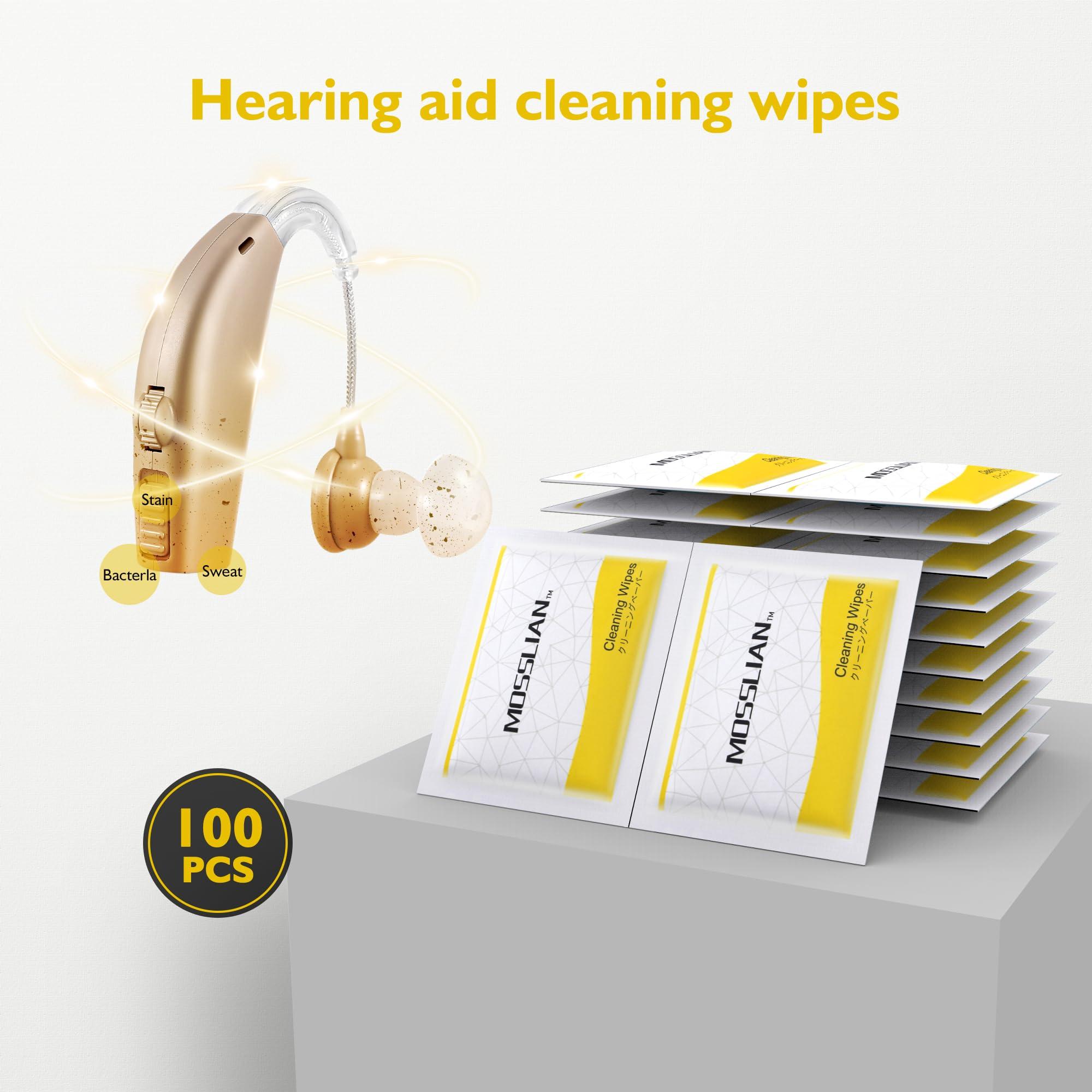 MOSSLIAN MOSSLIAN 100 Pack Hearing Aid Cleaning Wipes Individually Wrapped,Hearing Aid Wipes,Hearing Aid Cleaning Kits,Hearing Aid Accessories,Cleaning Wipes for Screen,Glasses,Phone