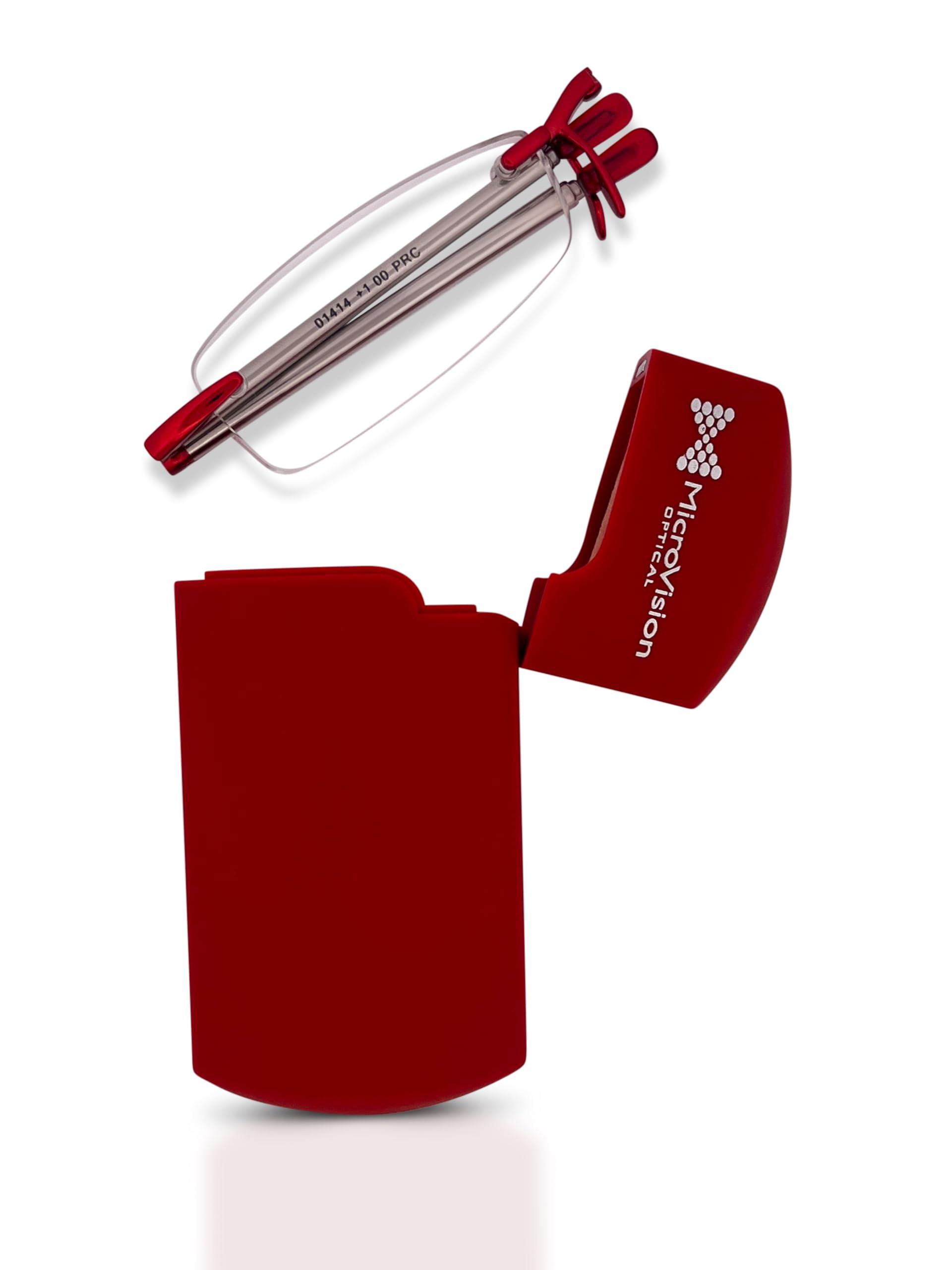 MicroVision Optical Microvision Executive Rimless Reading Glasses With Compact Case For Women and Men, Slim, Lightweight Portable Design, Red, 46 mm