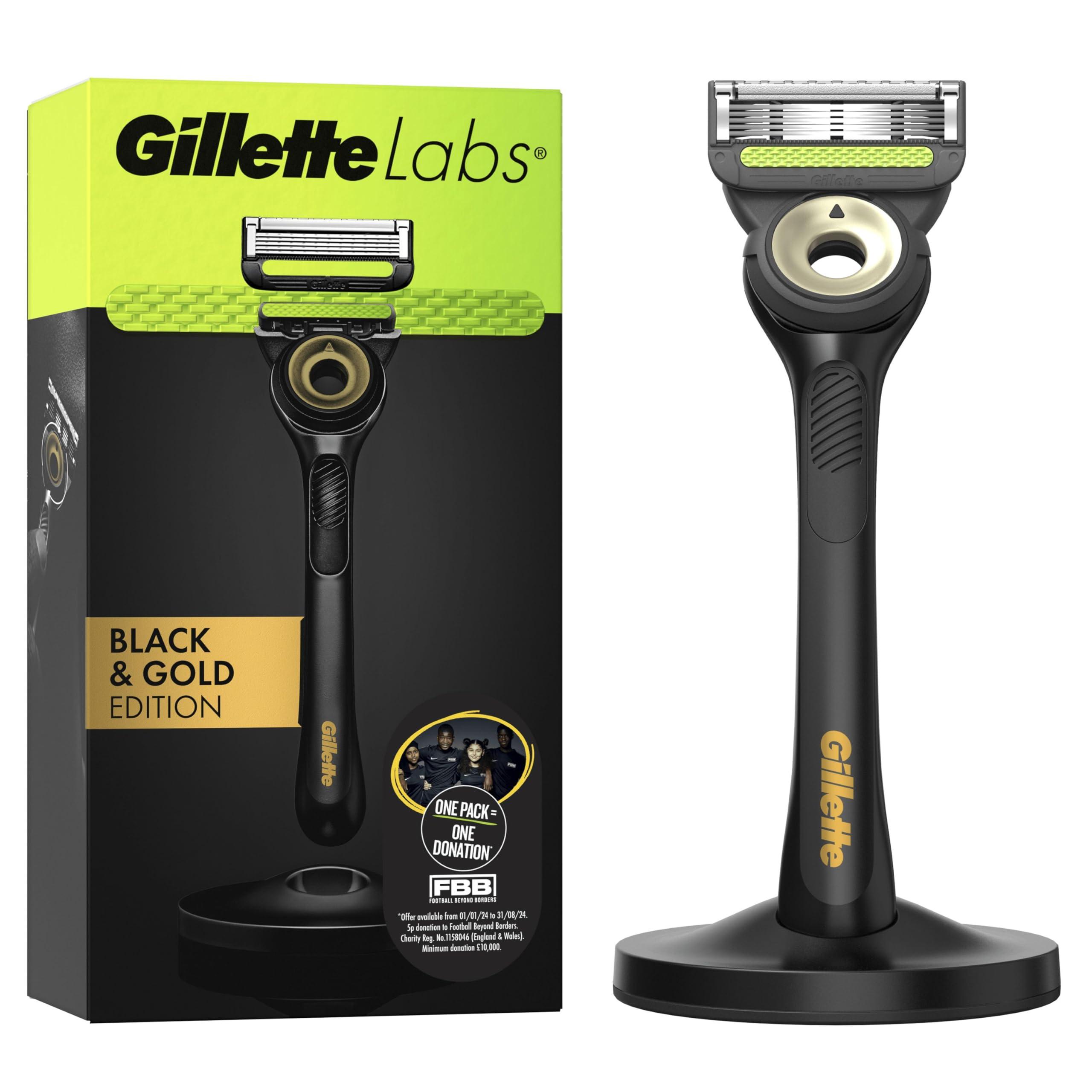 Gillette Gillette Labs Men\'s Razor + 1 Razor Blade Refill, with Exfoliating Bar, Includes Premium Magnetic Stand, Black & Gold Edition