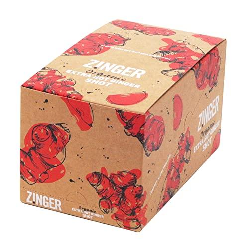 Zinger Zinger extra hot ginger shot (Pack of 15 x 70ml). Organic plant based shot with 27.9g of pressed ginger juice. Natural kick in a pocket-sized format with no added sugar.