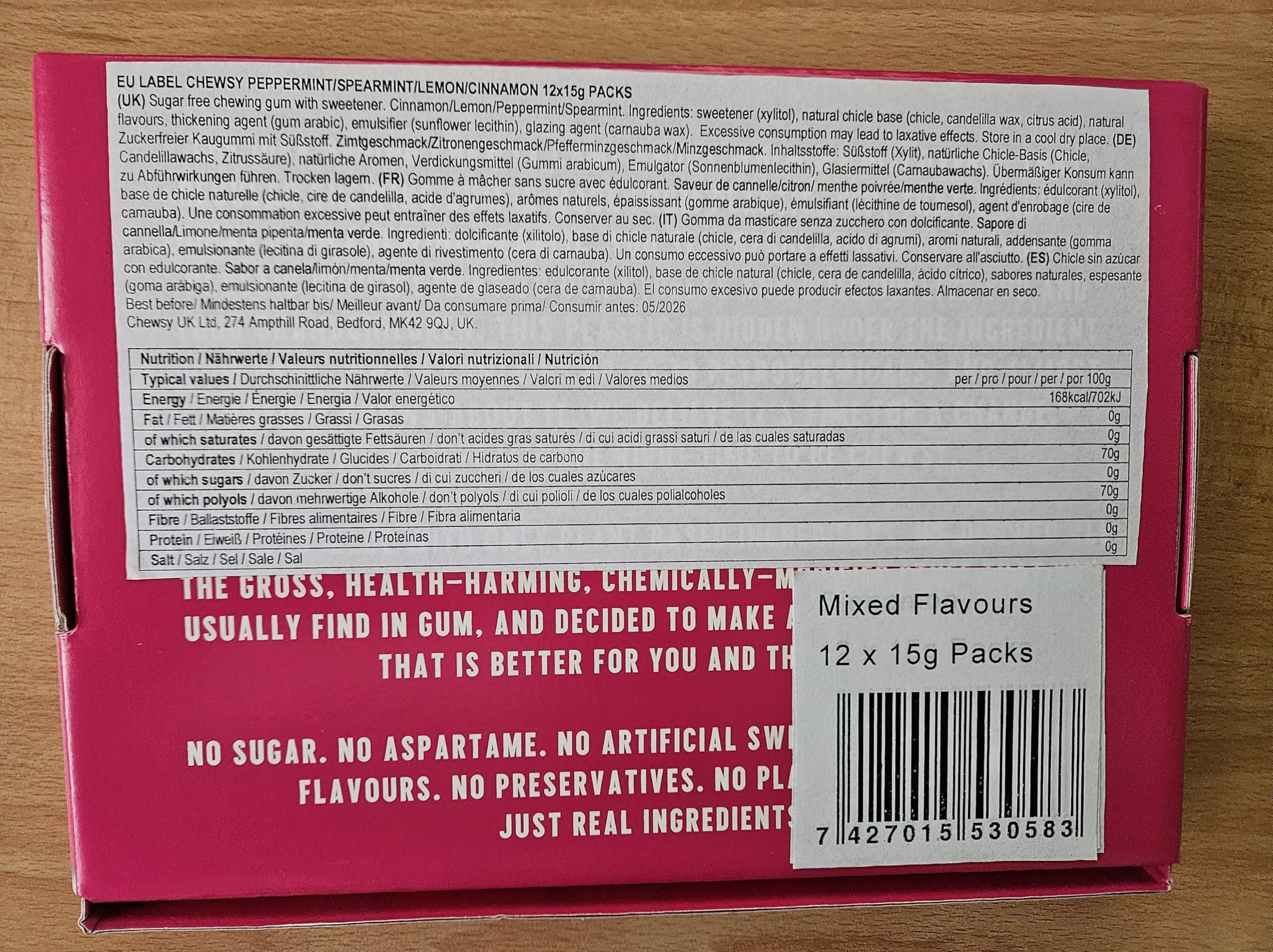 CHEWSY Chewsy Mixed Flavours Plastic Free Gum | Plant Based | Sugar Free | Aspartame-Free | Xylitol | Tooth Friendly | Vegan | Biodegradable | Natural Chewing Gum 12 Packs