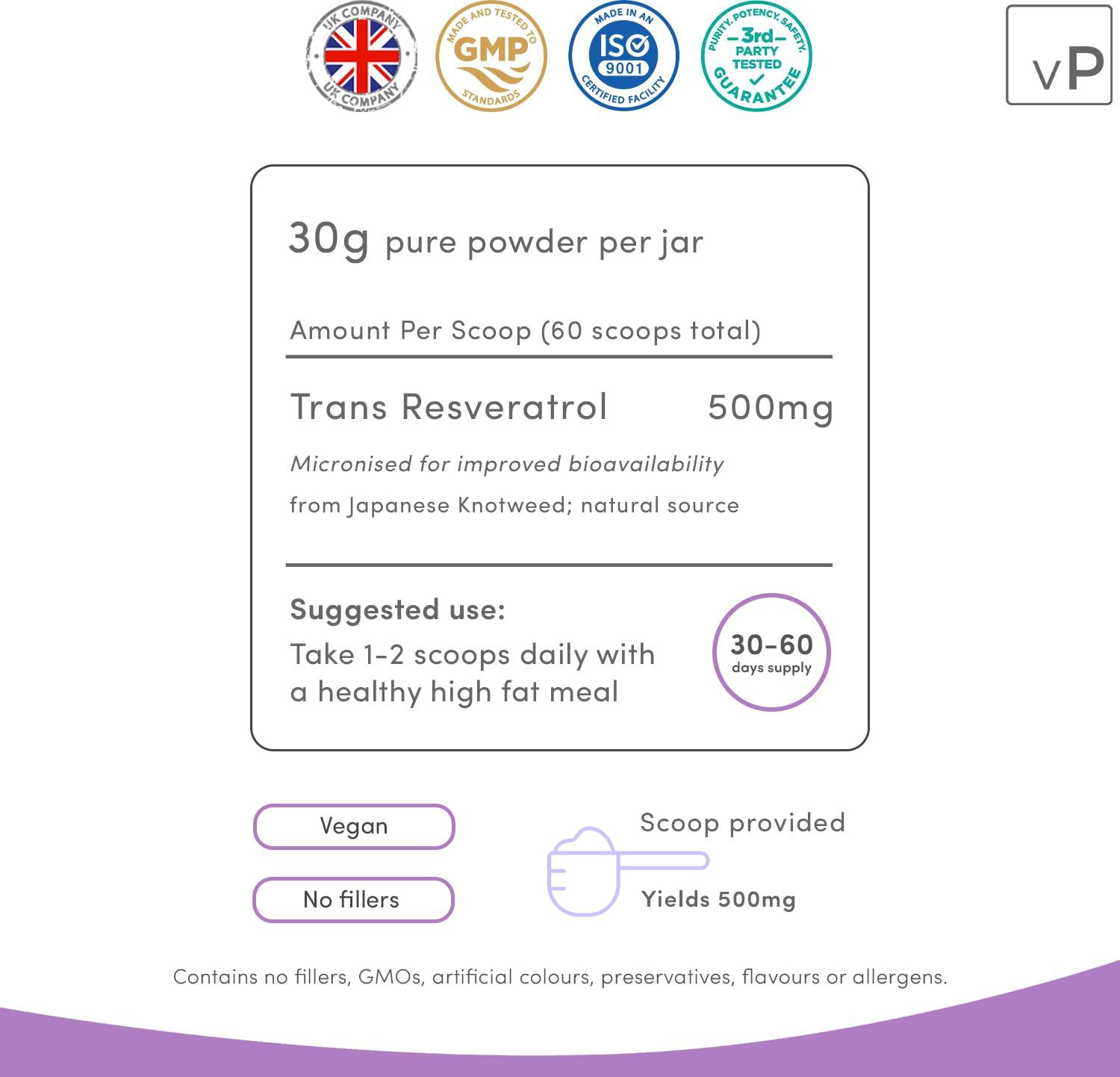 vP Vitality Pro vP Vitality Pro Trans Resveratrol Micronised Powder 30 Grams - Third Party Tested Over 99% Purity - Natural Pure Trans Resveratrol Supplement 30g - Vitality Pro