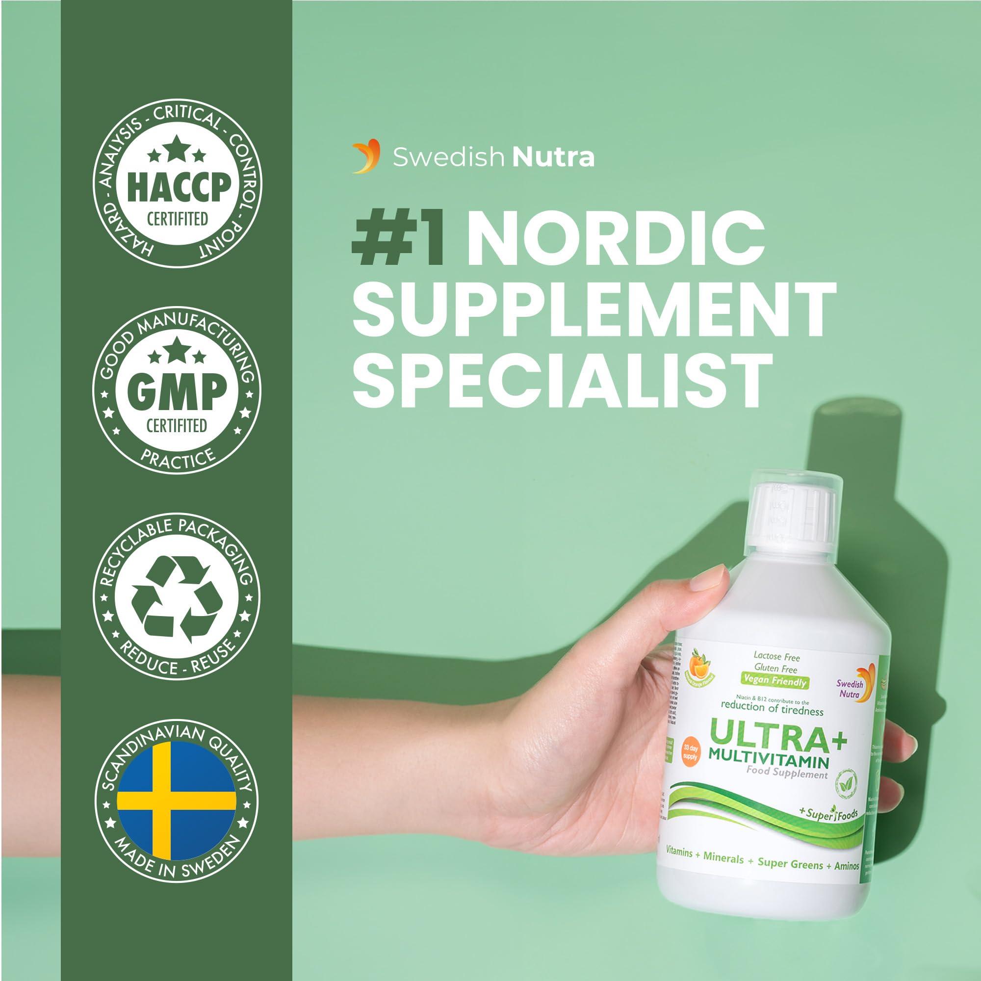 Swedish Nutra Swedish Nutra - Ultra+ Multivitamin Liquid Food Supplement - Pack of 500 ml, 33 Day Supply | Packed with Vitamins, Minerals, Super Greens and Aminos to Boost Energy & Immunity I Natural Orange Flavour