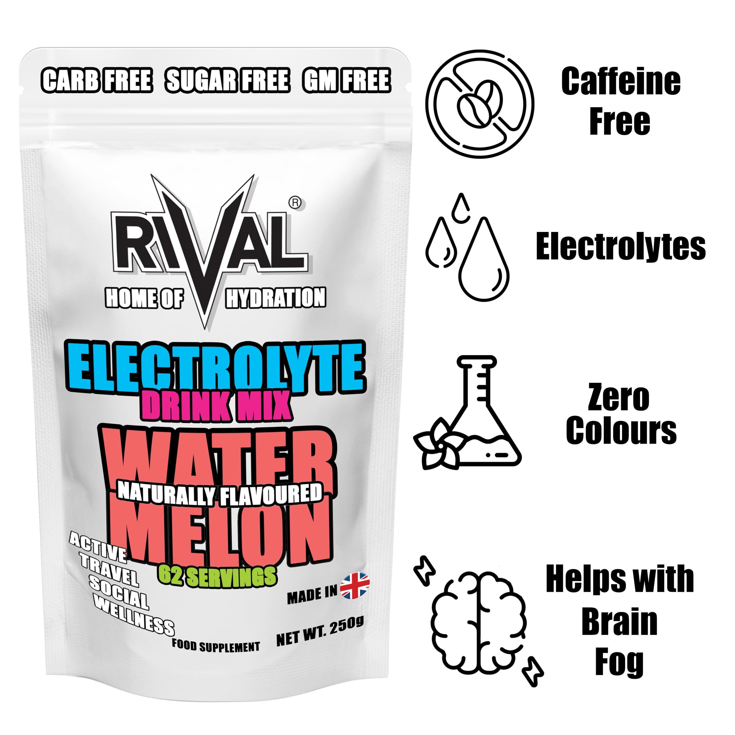 Rival Sports Fuel Rival Electrolyte Powder 250g Rapid Rehydration Naturally Flavoured, Sugar Free, Zero Carbs, Vegan, Keto Friendly - 62 Servings Made in The UK | Watermelon