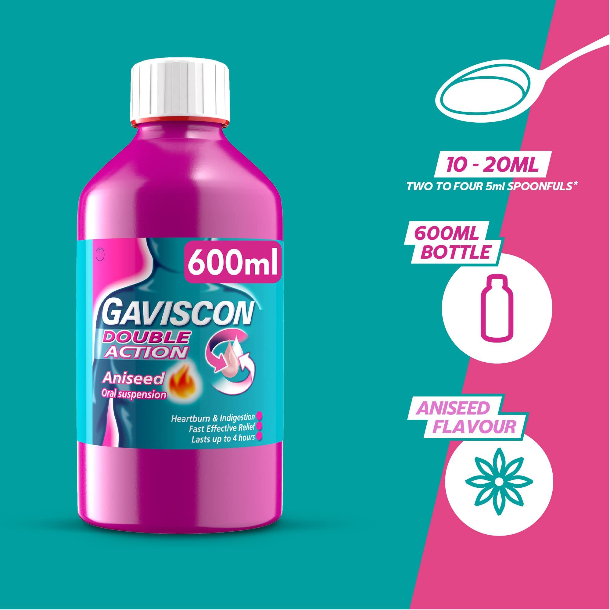 Gaviscon Gaviscon Double Action Aniseed Liquid 600 ml - Heartburn & Indigestion Relief, Stomach Acid & Reflux Solution, Pregnancy Safe, Lasts Up to 4 Hours, Antacid for Digestion