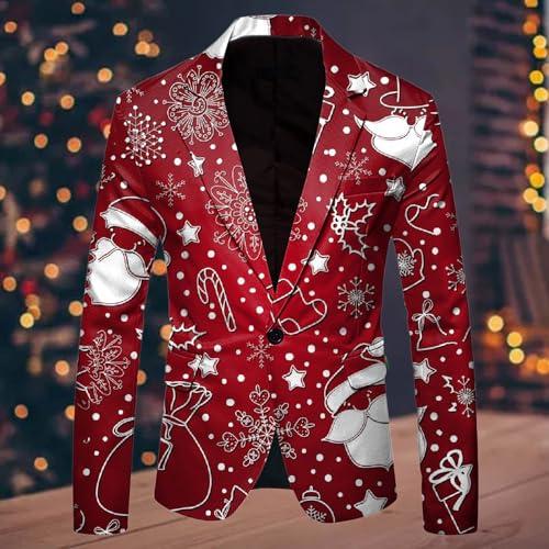 Foweknow Foweknow Christmas Suit Men's Christmas Jacket Funny Christmas Suit Jacket Festive Santa Xmas Costume Long Sleeve Slim Fit Outdoor Jacket Lapel Collar Leisure Jacket with Buttons, Wine Red, 3XL