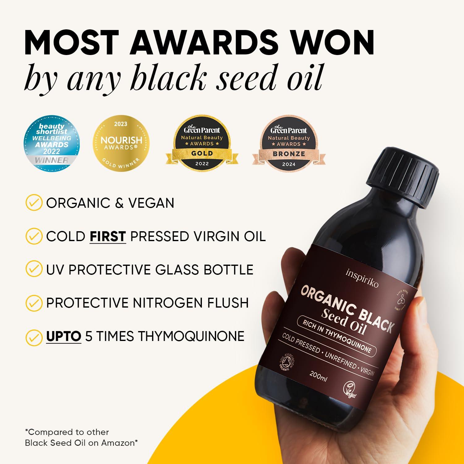 Inspiriko Black Seed Oil Organic Cold Pressed. Up to 5X Strength. Award Winning Organic Black Seed Oil - Known as Cumin, Cold Pressed Nigella Sativa, and Kalonji, 200 ml