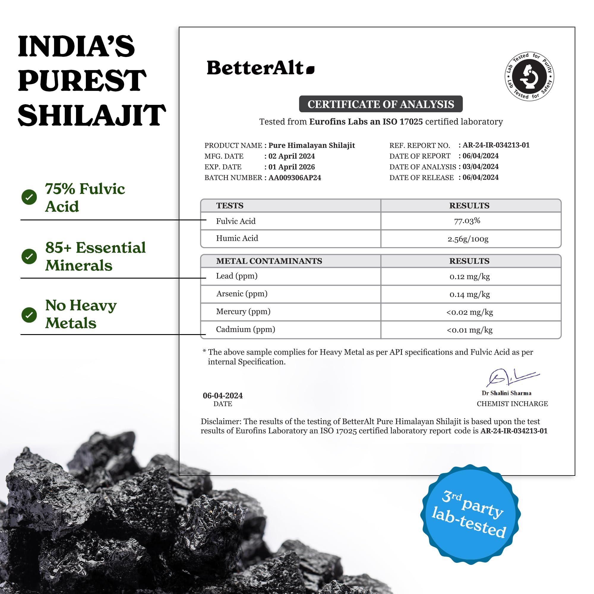 Better Alt Better Alt Pure Himalayan Shilajit Resin High Potency Gold Grade for Men & Women| 75 Servings for Energy Boost & Immune Support, 75%+ Fulvic Acid, with Lab Test Report,400mg