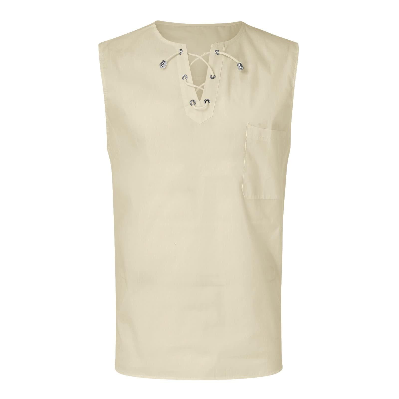 Gefomuofe Gefomuofe Men's Cotton Linen Tank Top Medieval Sleeveless Summer Beach Tops Drawstring V Neck Renaissance Viking Costume Casual Lacing Pirate Shirt, khaki, XL