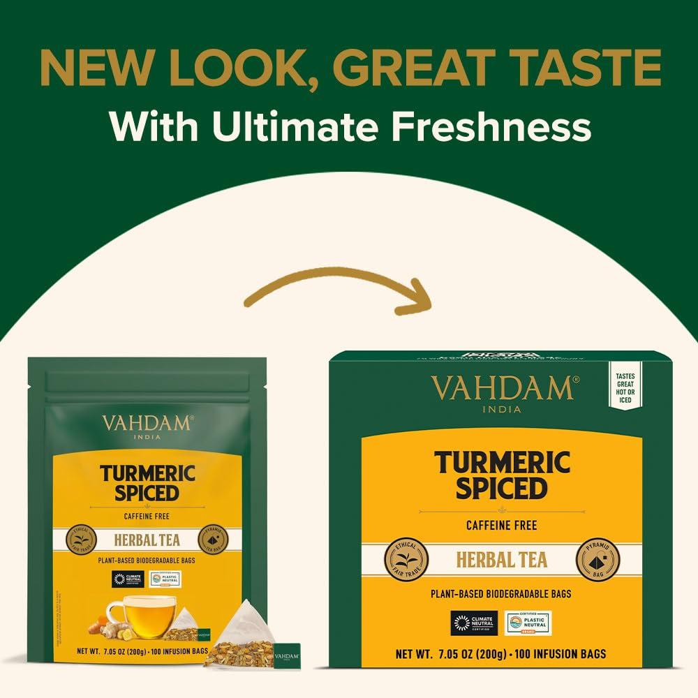 VAHDAM VAHDAM, Turmeric Spice Herbal Tea Bags (100 Pyramid Tea Bags) Caffeine Free | Non GMO, Gluten Free | 100% Pure Herbal Tisane - Savory & Spicy | Whole Loose-Leaf Tea Bags | Resealable Ziplock Pouch