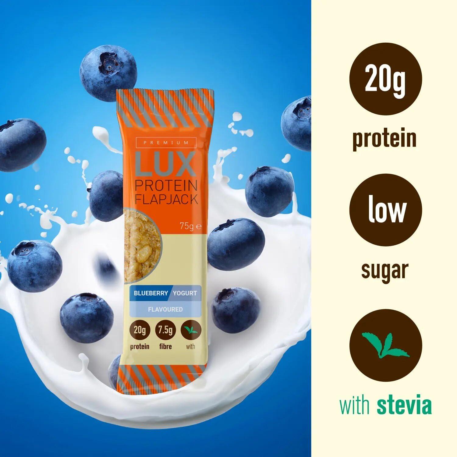 Bodybuilding Warehouse Premium LUX Protein Flapjack Bars - High Protein, Low Sugar Snack Bodybuilding Warehouse - Blueberry Yogurt (24 x 75g)