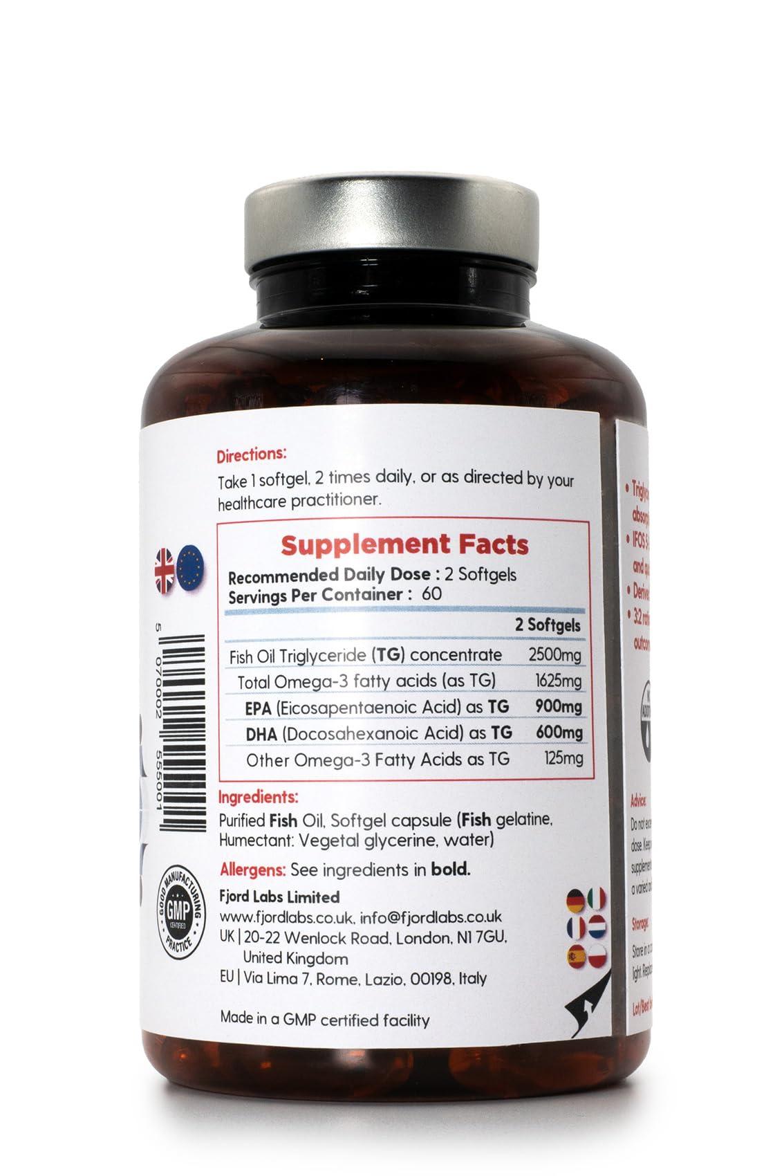 Fjord Labs Omega -3 TG | Triglyceride Form | IFOS Certified | 900mg EPA & 600mg DHA per 2 softgels | 120 softgels