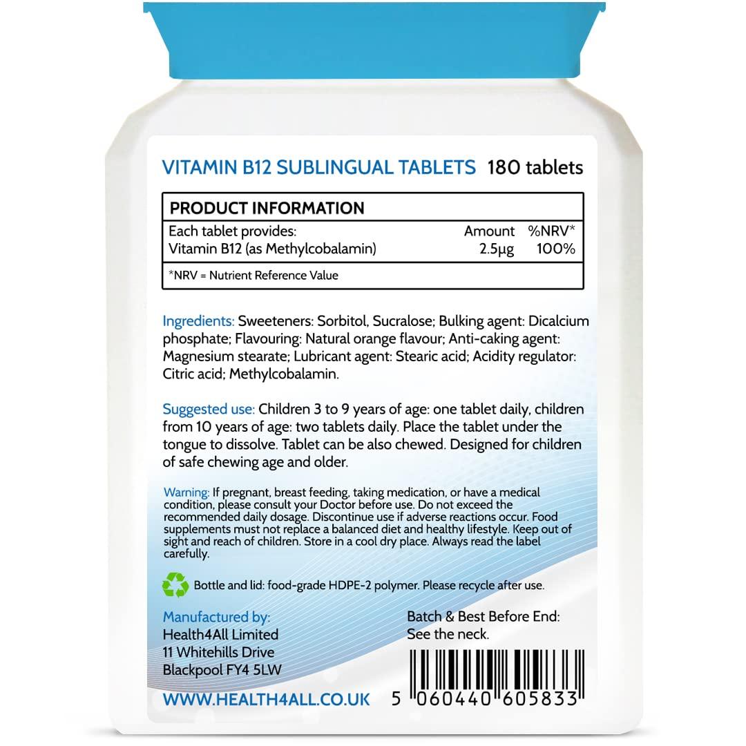 Health4All Kids Vitamin B12 2.5mcg Sublingual 180 Tablets (V) Vegan Methylcobalamin Chewable Tablets for Children. Orange Flavoured. Made in The UK by Health4All