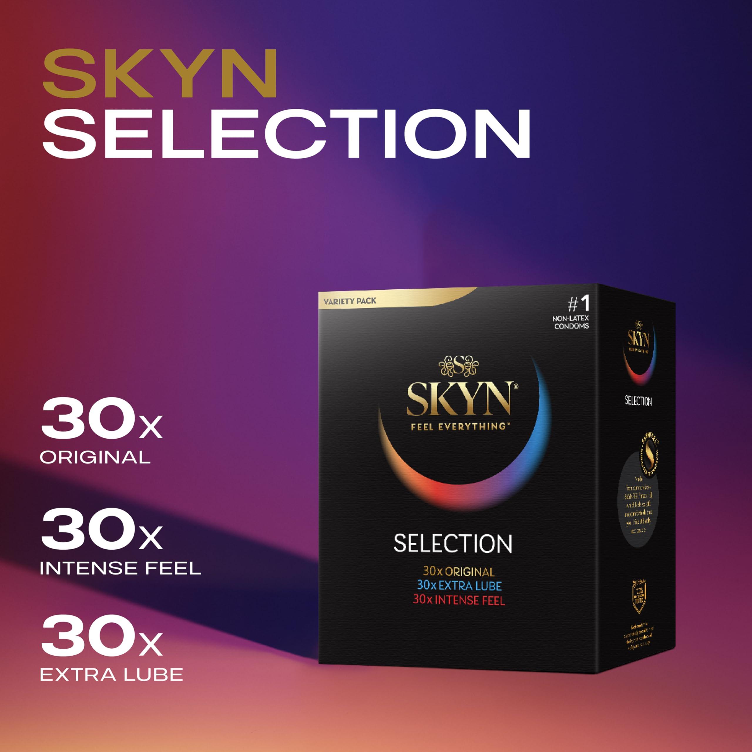 SKYN SKYN Selection Condoms - 90 Pack / Skynfeel Latex Free Condoms for Men, 30 Original, 30 Intense Feel, 30 Extra Lube, Regular Size, Thin, 53mm Wide