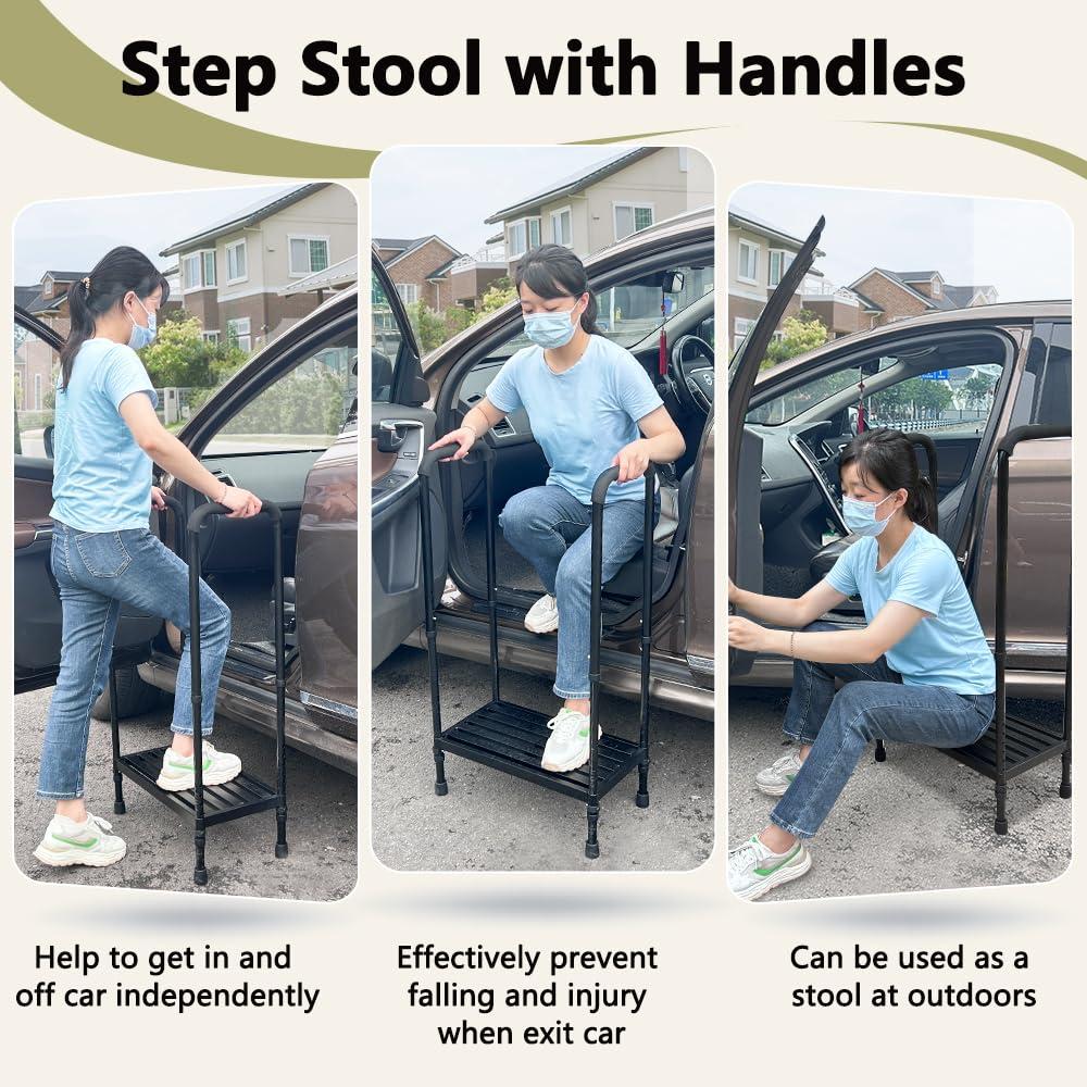 Mybow Medical Step Stool with Handle SUV Car Elderly Handicap Steps for RV Mobile Home with Handrail for Adults Seniors Bariatric Metal Stepping Stool Safety Step Assist Adjustable 400lb Footstool