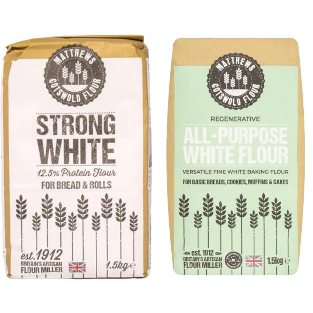 Generic Matthews Strong White Flour 1.5kg and Matthews White Spelt Flour 1.5Kg - High-Protein British Wheat and Regeneratively Farmed Ancient Grain Spelt for Nutritious and Delicious Baking