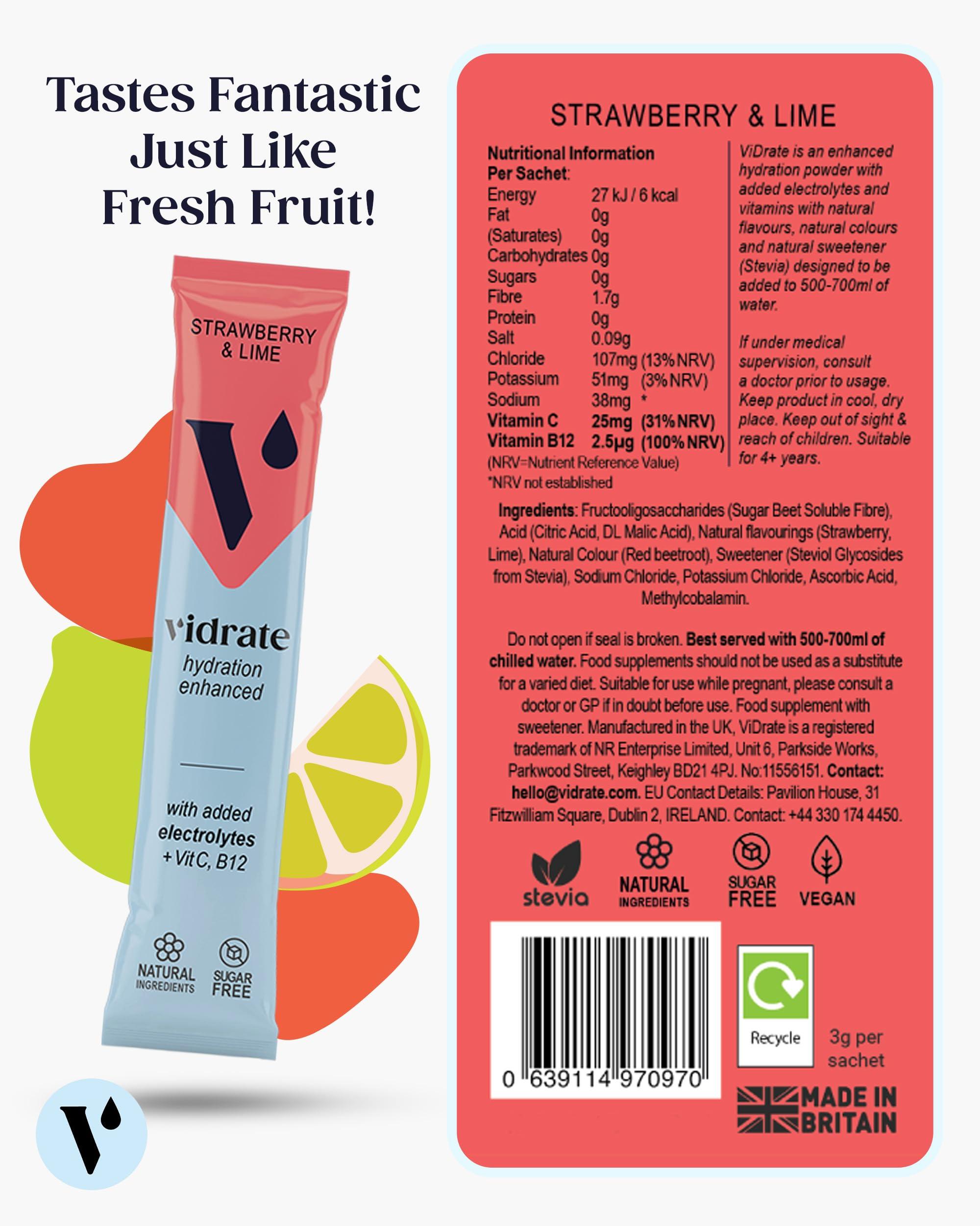 ViDrate Electrolytes Powder - Hydration Sachets Packed with Vitamins - Zero Sugar Rehydration Sachet, No Artificial Sweeteners, Preservatives by ViDrate - Strawberry & Lime Large Pack, 30 Electrolytes Sachets