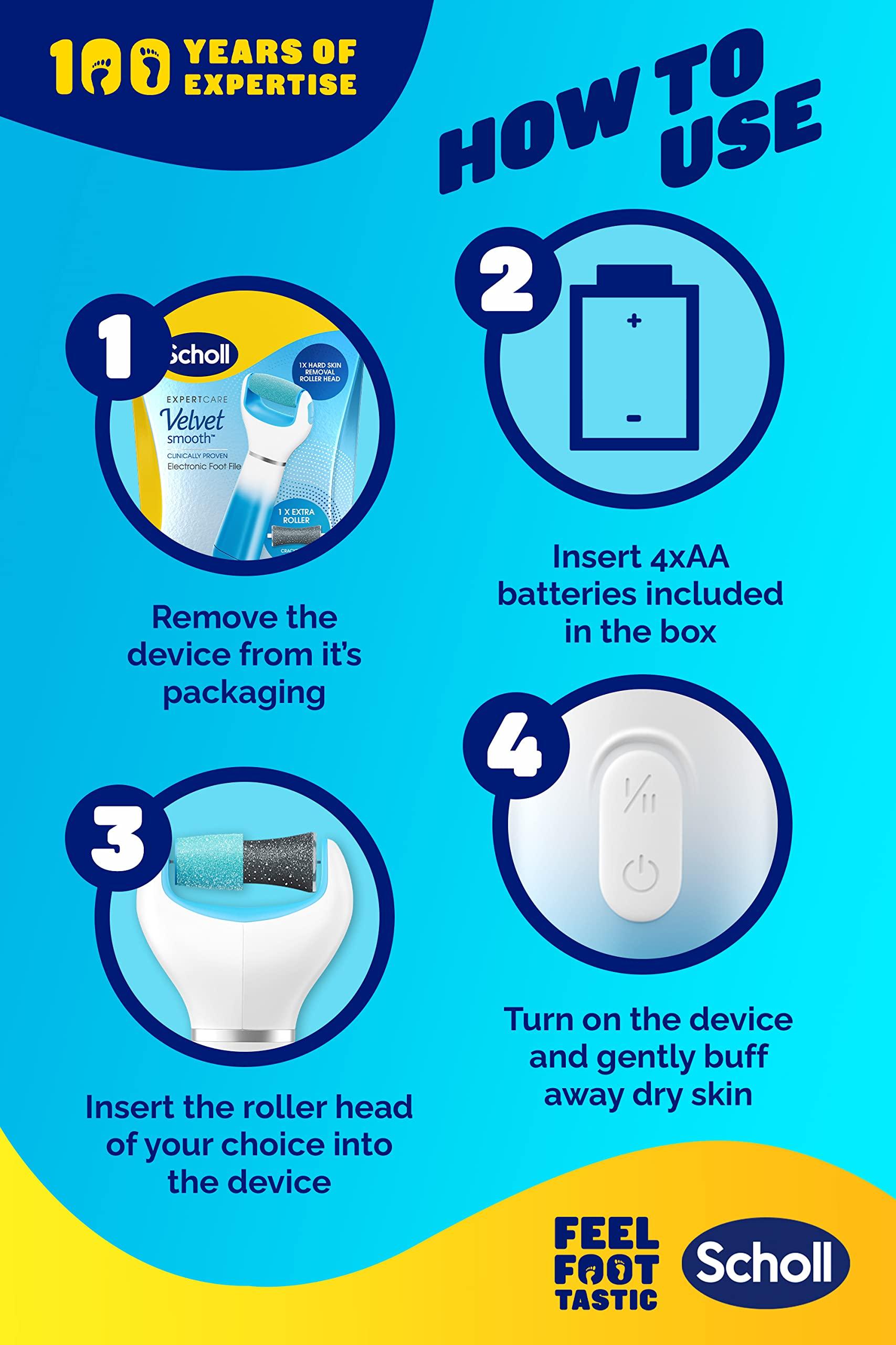 Scholl Scholl Velvet Smooth Electric Foot File with Cracked Heel Refill - Pedicure Foot File for Hard Skin and Callus Removal, Includes Velvet Smooth Roller and Cracked Heel Roller