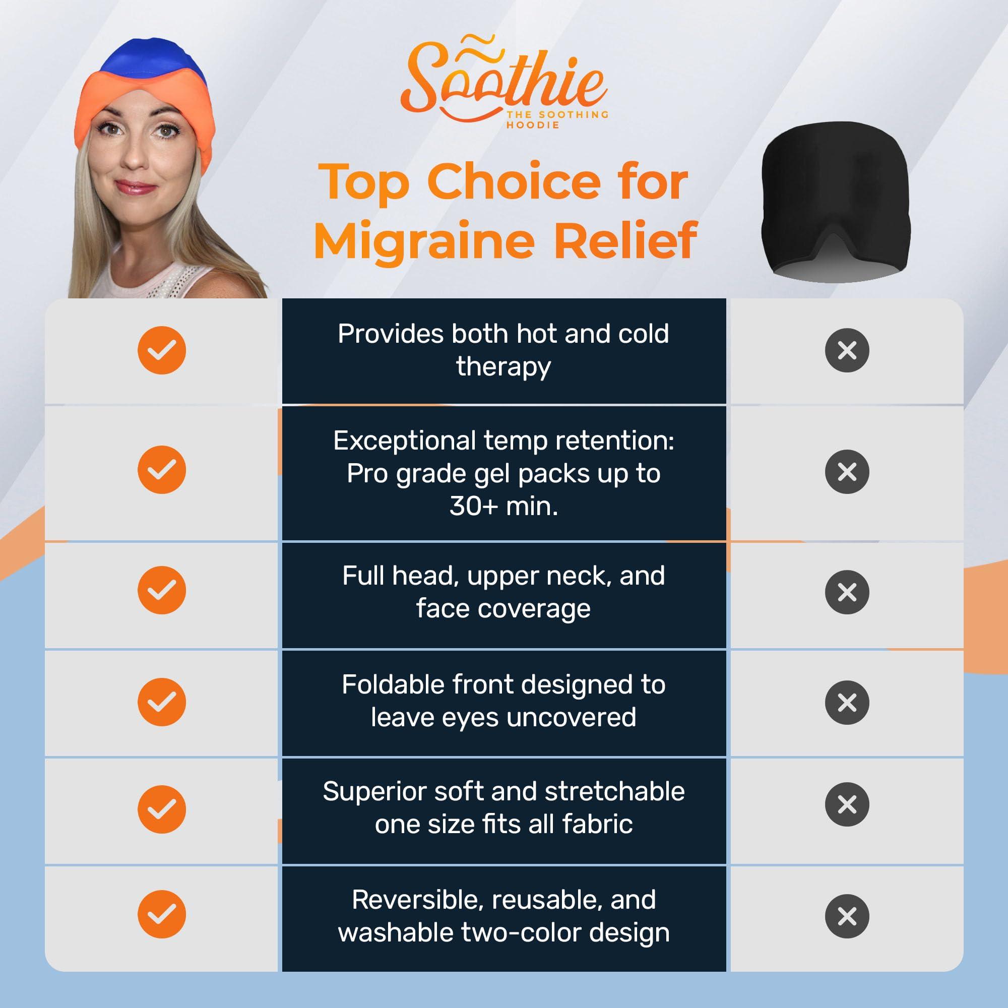 SOOTHIE THE SOOTHING HOODIE SOOTHIE Headache Relief Hat and Migraine Relief Cap. Ice Hat for Headaches & Puffy Eyes. Warm Therapy for Sinus & Stress Relief. Enjoy Our Improved Hat-33% More Soothing Gel Packs on Your Head!