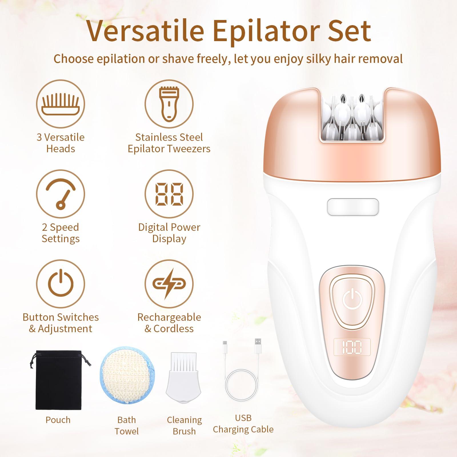HaetFire Epilator for Women, Face Hair Epilator for Women, Portable 2 Speed Electric Lady Shaver Epilator, 3 in 1 Epilator Hair Removal with Hair Removal Device, Foot File, Lady Bikini Razor for Arm Leg Body