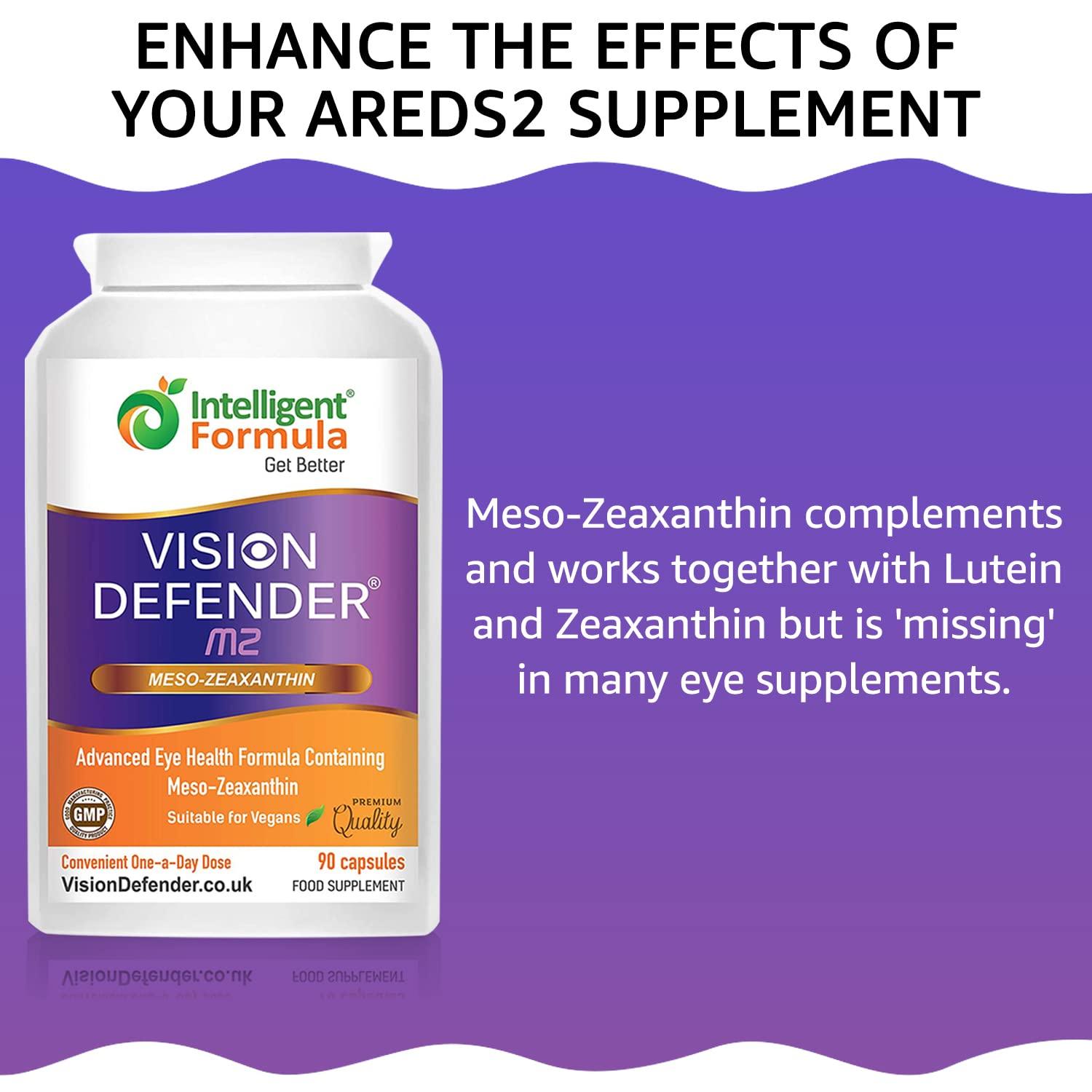 Intelligent Formula Meso Zeaxanthin Supplement - VISION DEFENDER MZ High Strength Eye Vitamins Nutrients & Antioxidant Carotenoid for Ocular Health, Eye Care & Eyesight Support Vegan (90 capsules/One-A-Day) Made in UK
