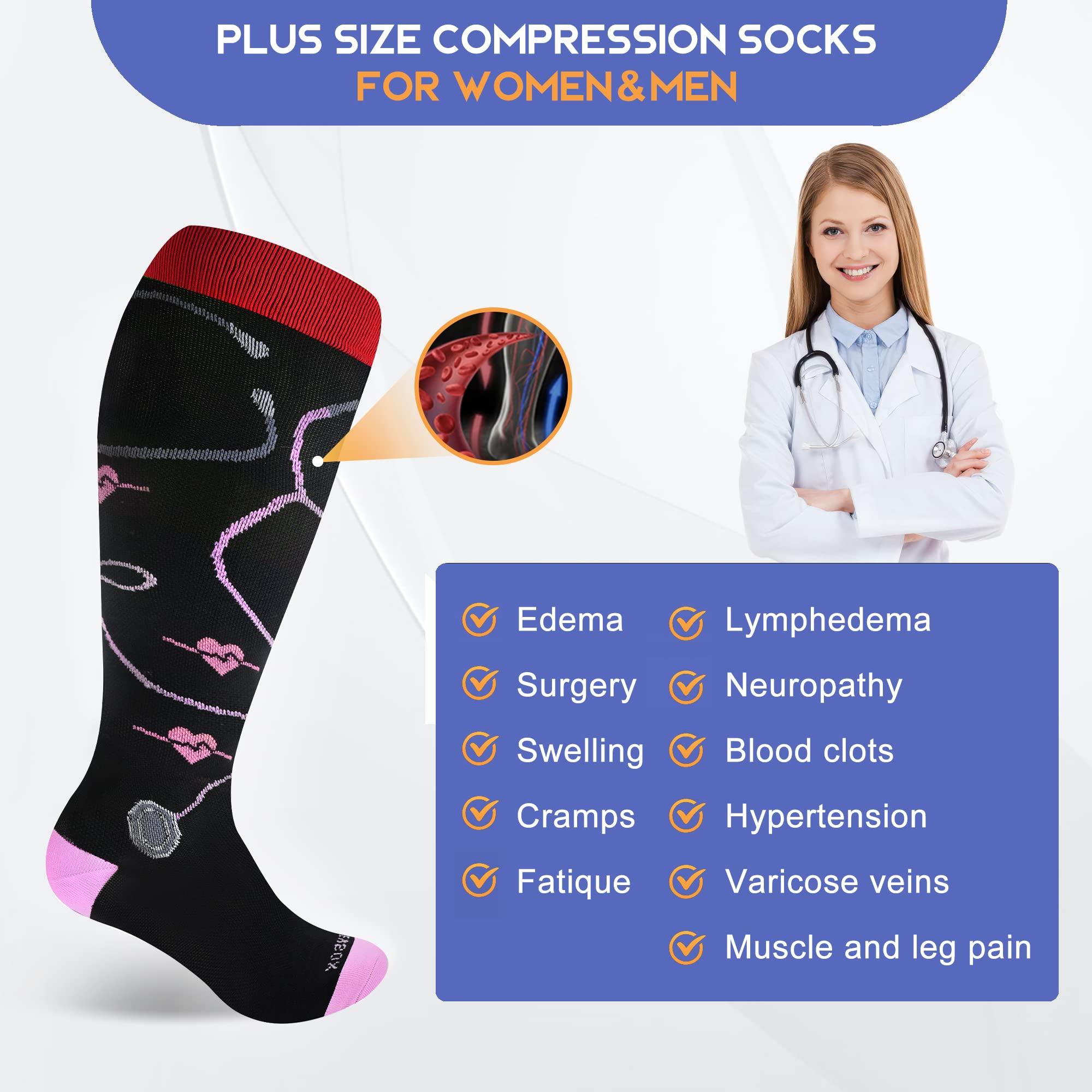LEVSOX LEVSOX Plus Size Compression Socks for Women Men Wide Calf Extra Large 15-20 mmHg Knee High Sock for Nurses Pregnant Travel, 3 Pairs/Black Mix Patterns, XL