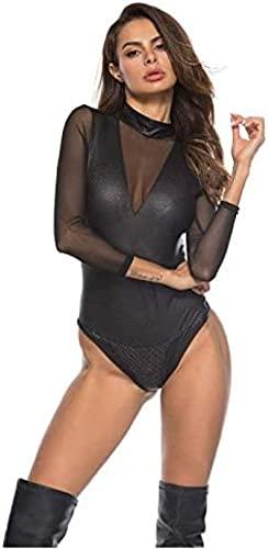 ANTIY Faux Leather Bodysuit Women's Sexy Wetlook Lingerie Mesh Transparent Bodysuit Faux Leather Catsuit,Black,X-Large