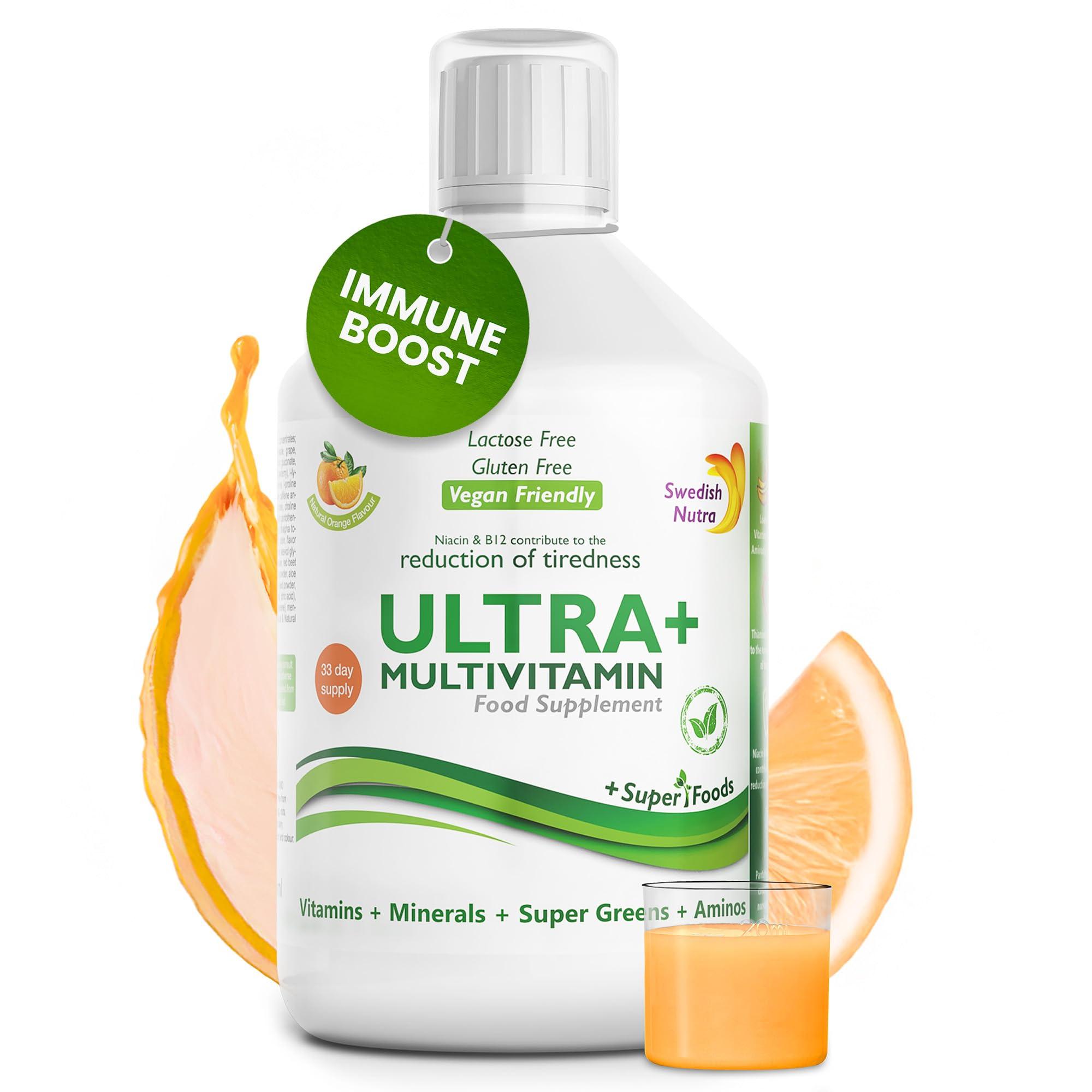 Swedish Nutra Swedish Nutra - Ultra+ Multivitamin Liquid Food Supplement - Pack of 500 ml, 33 Day Supply | Packed with Vitamins, Minerals, Super Greens and Aminos to Boost Energy & Immunity I Natural Orange Flavour