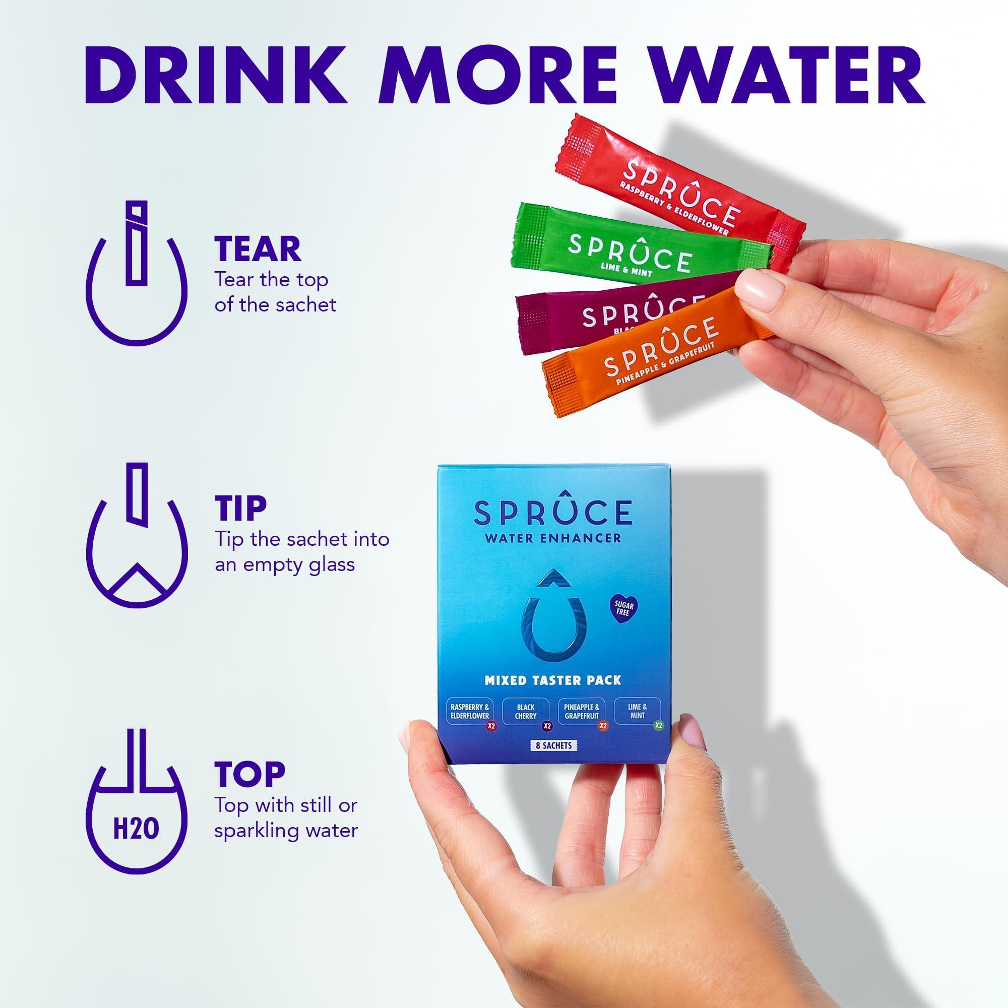 Spruce Spruce Water Flavouring & Enhancer Sugar-Free Hydration Powder with Vitamins Natural Raspberry & Elderflower and Black Cherry Flavour, Real Fruit Concentrate 2 Flavours - 24 Sachets