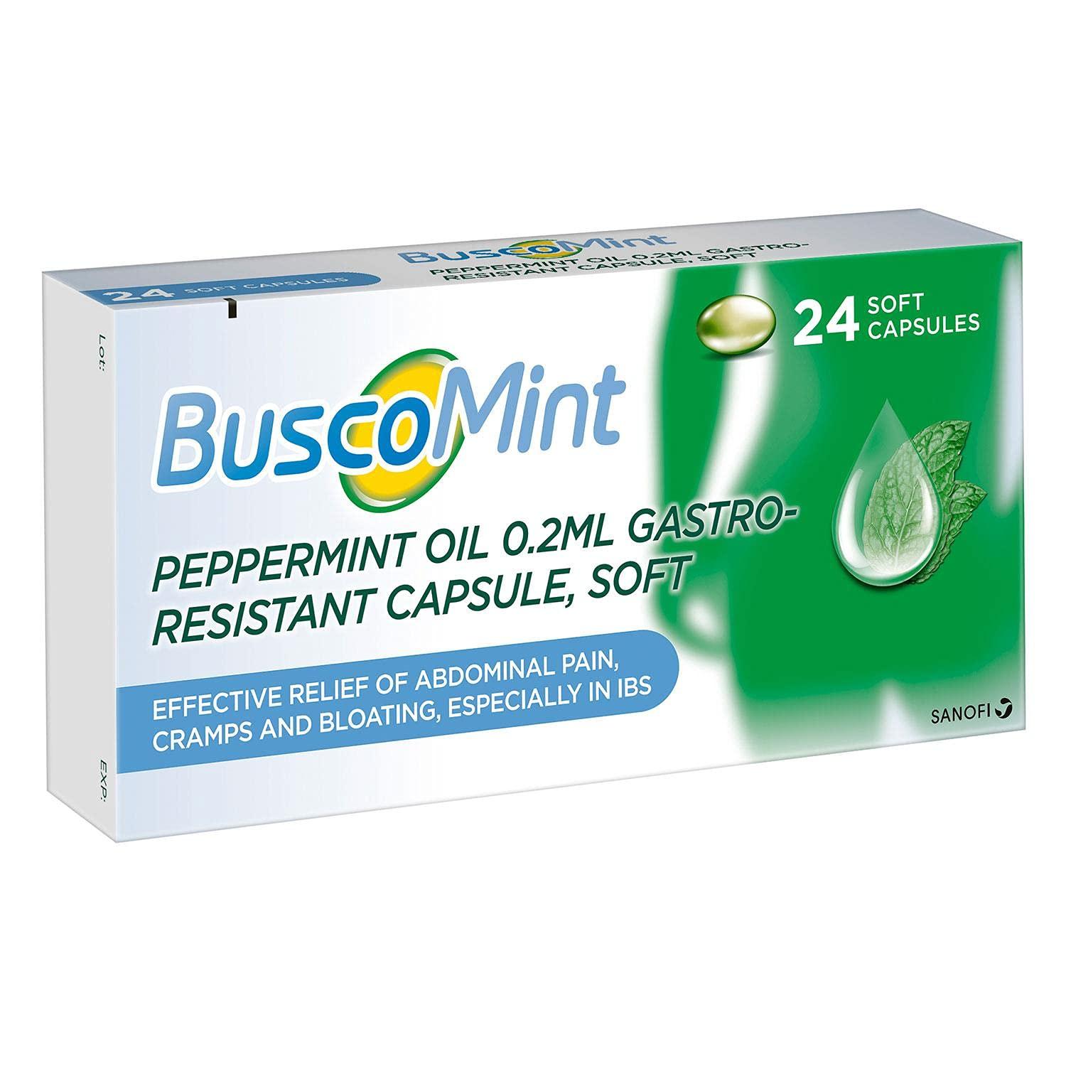 Buscomint 2 Pack of Buscomint Peppermint Oil 0.2ml Gastro Resistant Treatment, 24 Soft Capsules, Treats Painful Spasms, Bloating, and Trapped Wind and Abdominal Pain