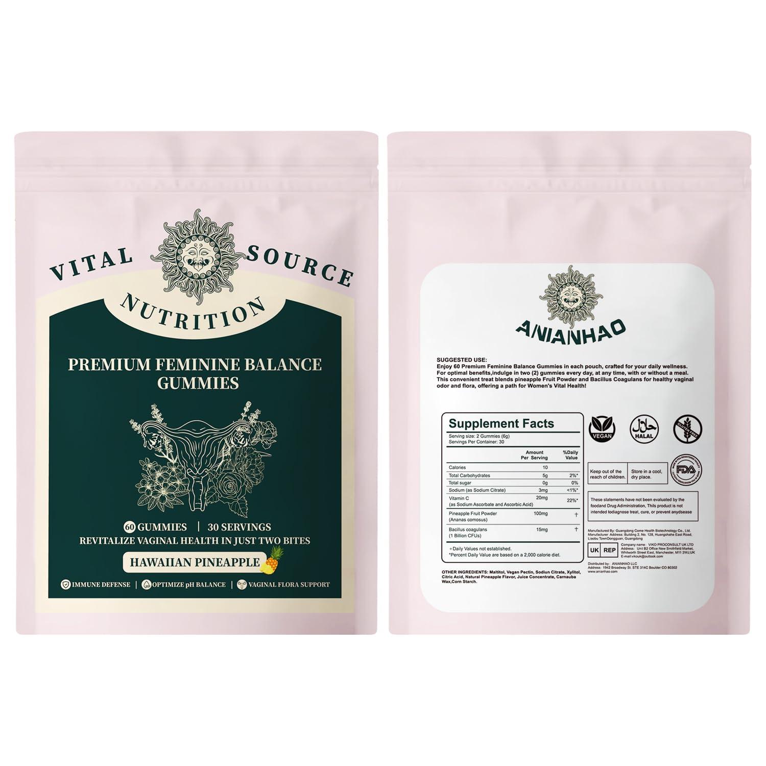 ANIANHAO Vital Source Feminine Balance Gummies Hawaiian Pineapple - Premium Feminine Balance Gummies-for Womens Health & Wellness - Immune Support - Vegan, Gluten-Free & Halal (2 Bag)