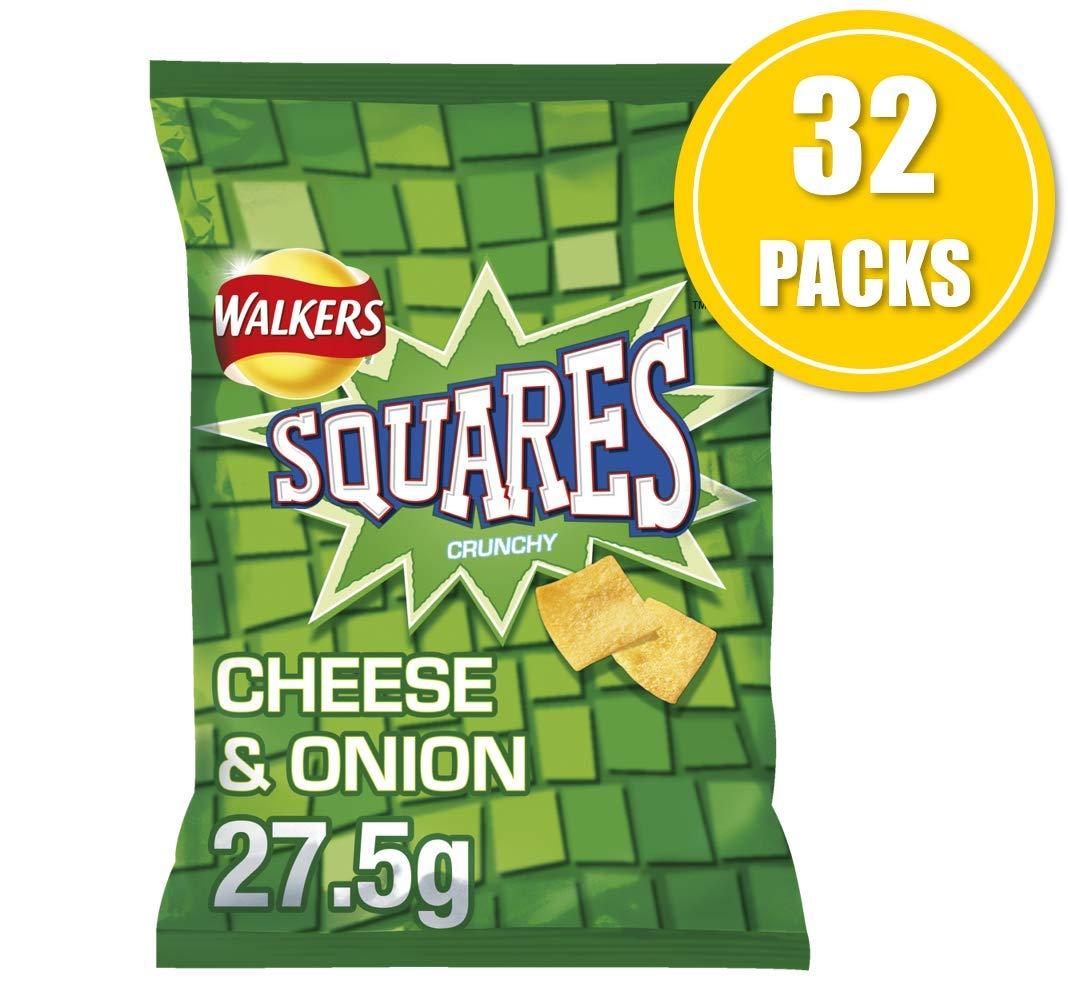 Walkers Walkers Crisps Squares Cheese and Onion Snacks Box, 27.5 g (Case of 32) (Packaging may vary) & Crisps Quavers Cheese Snacks Box, 20 g (Case of 32)