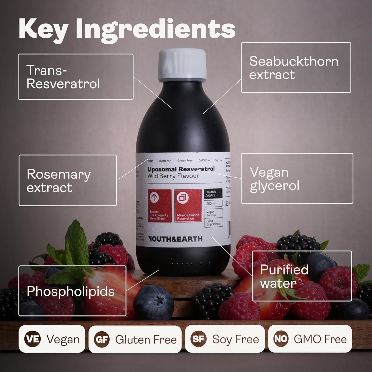 Youth & Earth Youth & Earth Liposomal Resveratrol 200mg - Liquid Resveratrol Supplements for Sirtuin Activation, Anti-Aging & Cellular Health with NAD+ Boosters, NMN or NR - Wild Berry Flavor (250ml)